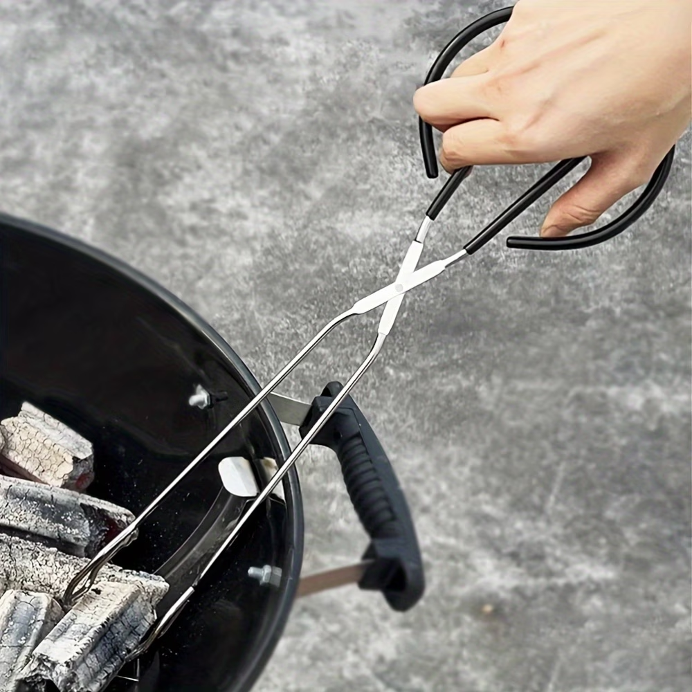 Long, sturdy, and heat-resistant charcoal tongs for grilling food. Made of stainless steel, these portable tongs are suitable for outdoor grilling, charcoal, and fire pits.