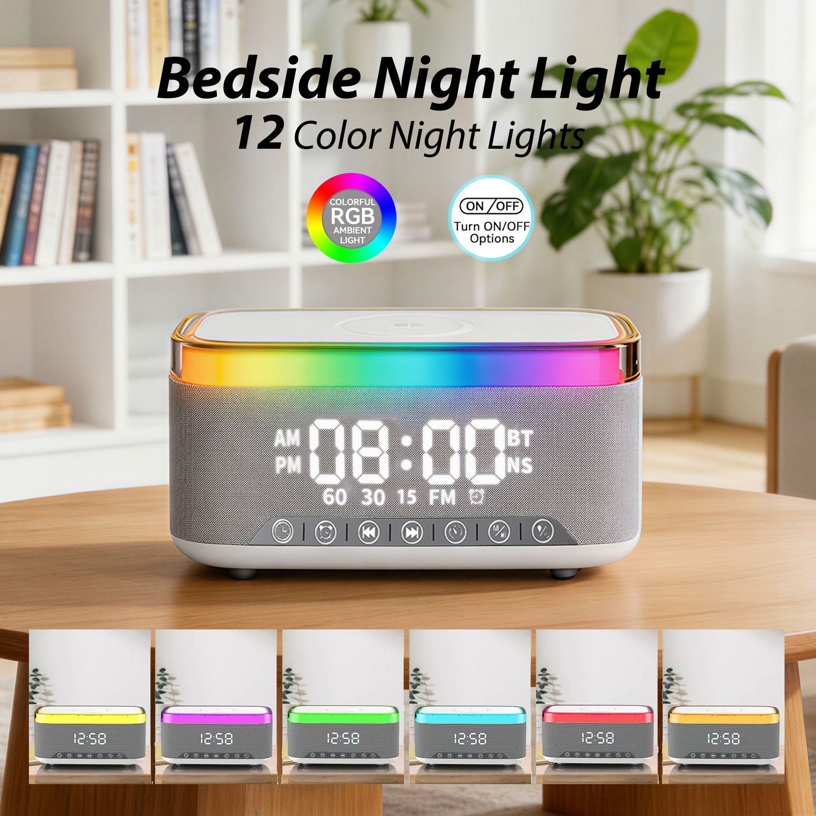 15W Fast Wireless Charging Alarm Clock with Bluetooth Speaker, White Noise Mochine & RGB Night Light, 6-in-1 Digital Bedside Alarm Clock Radio for Bedroom, Grey