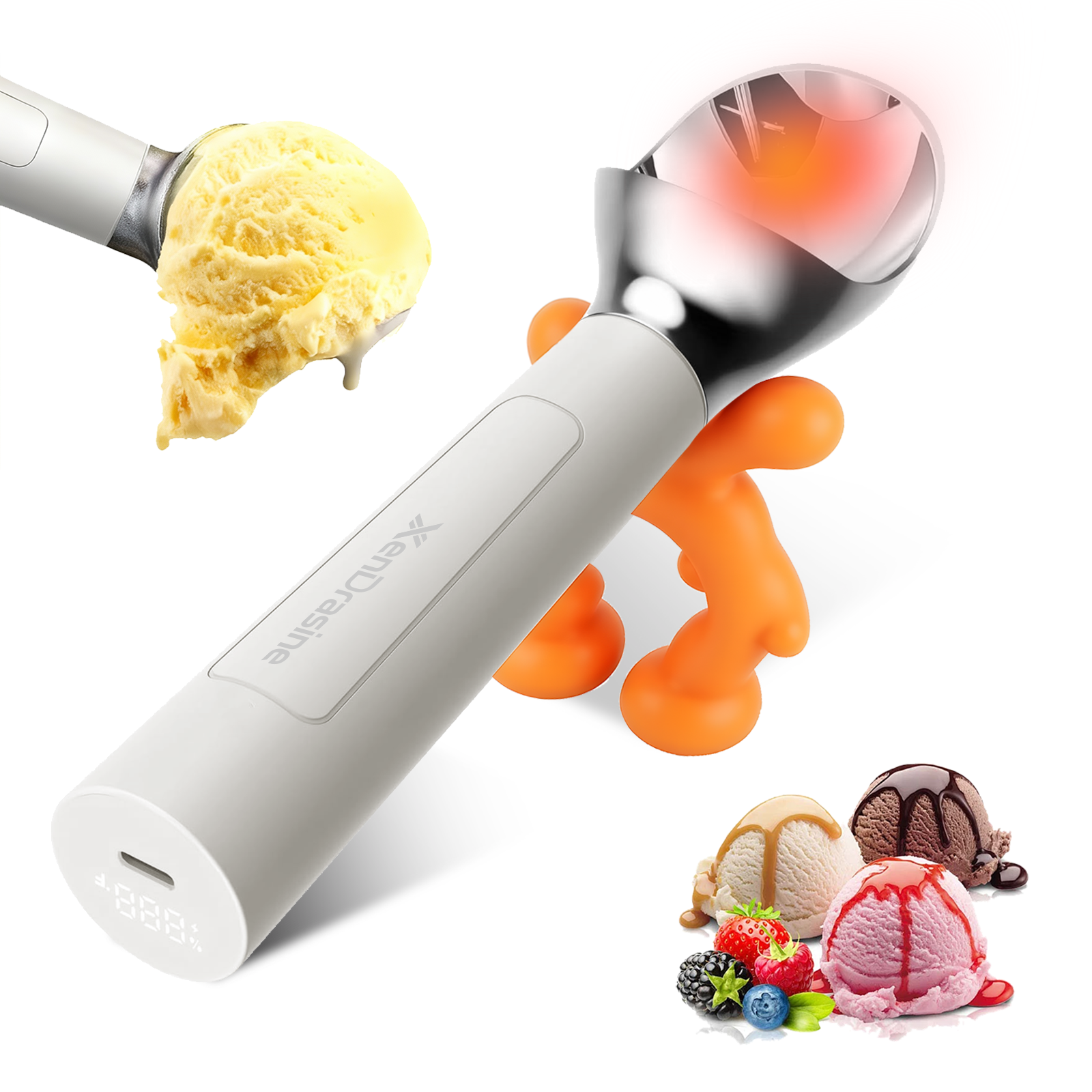 Heated Ice Cream Scoop, Rechargeable Electric Warming Scooper, Heats to for Hard Ice Cream, Waterproof, Easy for Seniors & Kids (White,17.8*4.3cm)