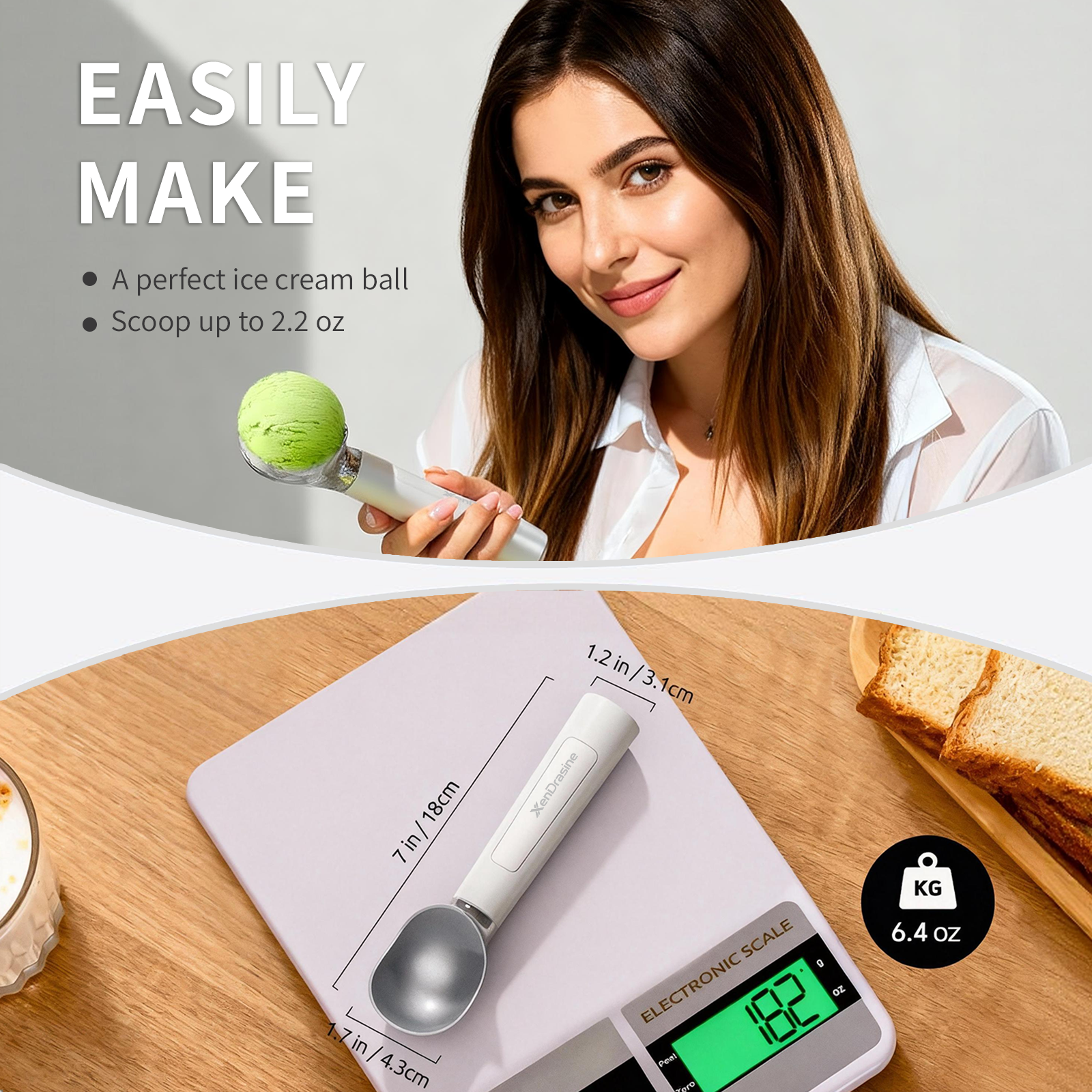 Heated Ice Cream Scoop, Rechargeable Electric Warming Scooper, Heats to for Hard Ice Cream, Waterproof, Easy for Seniors & Kids (White,17.8*4.3cm)