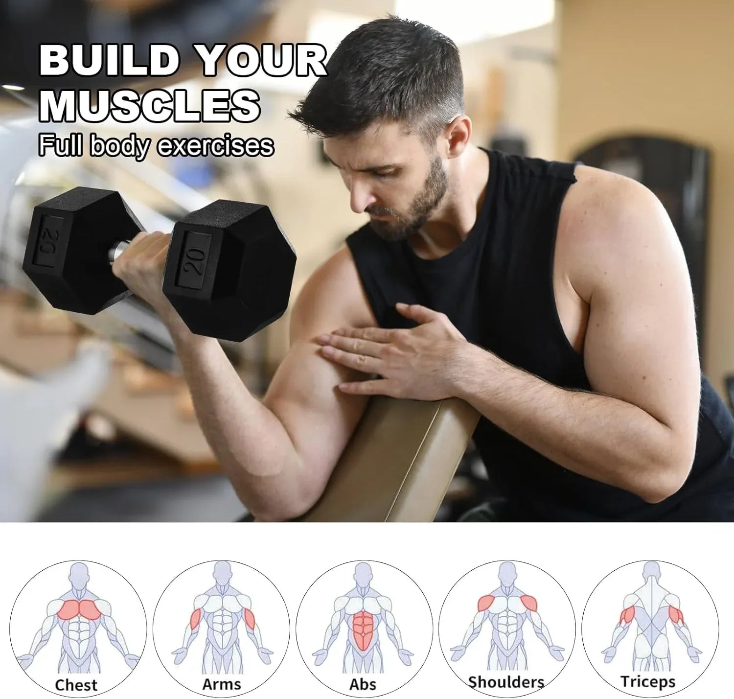 20lb to 45lb Rubber Coated Hex Dumbbells (sold in pairs) — Pair of 20LB / ~9kg