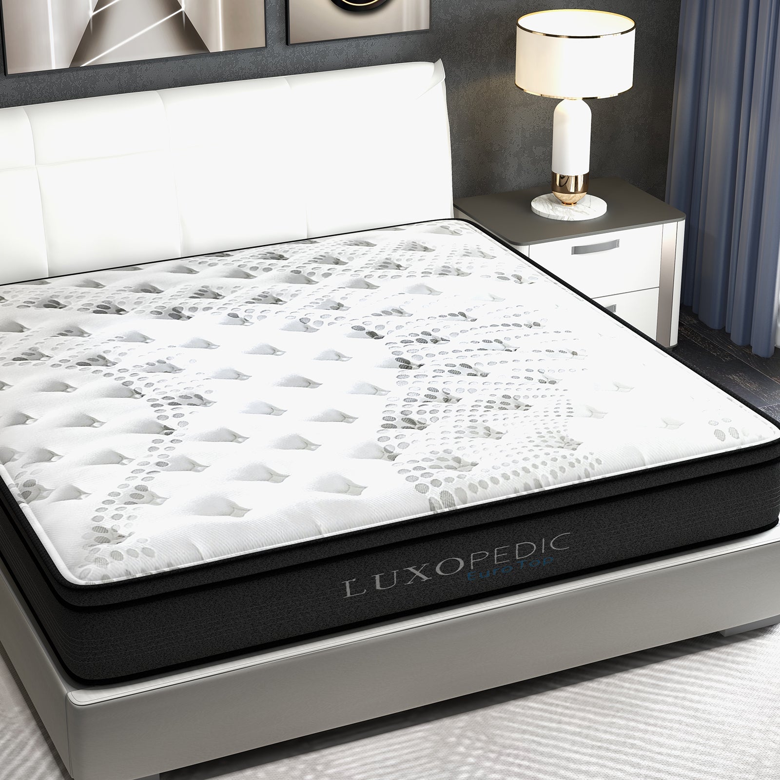 Luxopedic Pocket Spring Mattress 5 Zone 32CM Euro Top Memory Foam Medium Firm - King - White Grey
