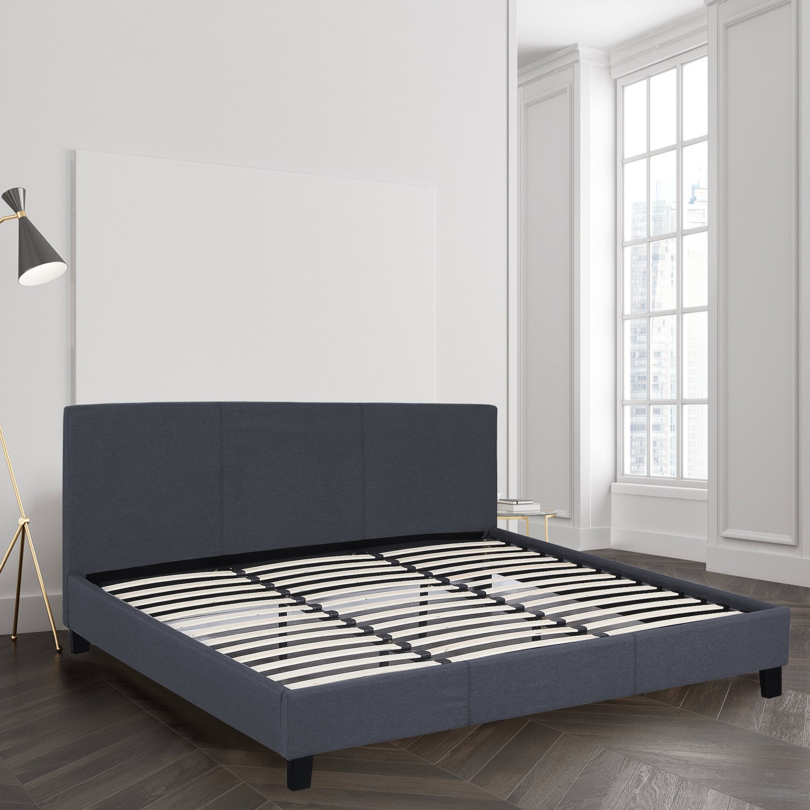 Milano Sienna Luxury Bed Frame Base And Headboard Solid Wood Padded Linen Fabric - King - Charcoal