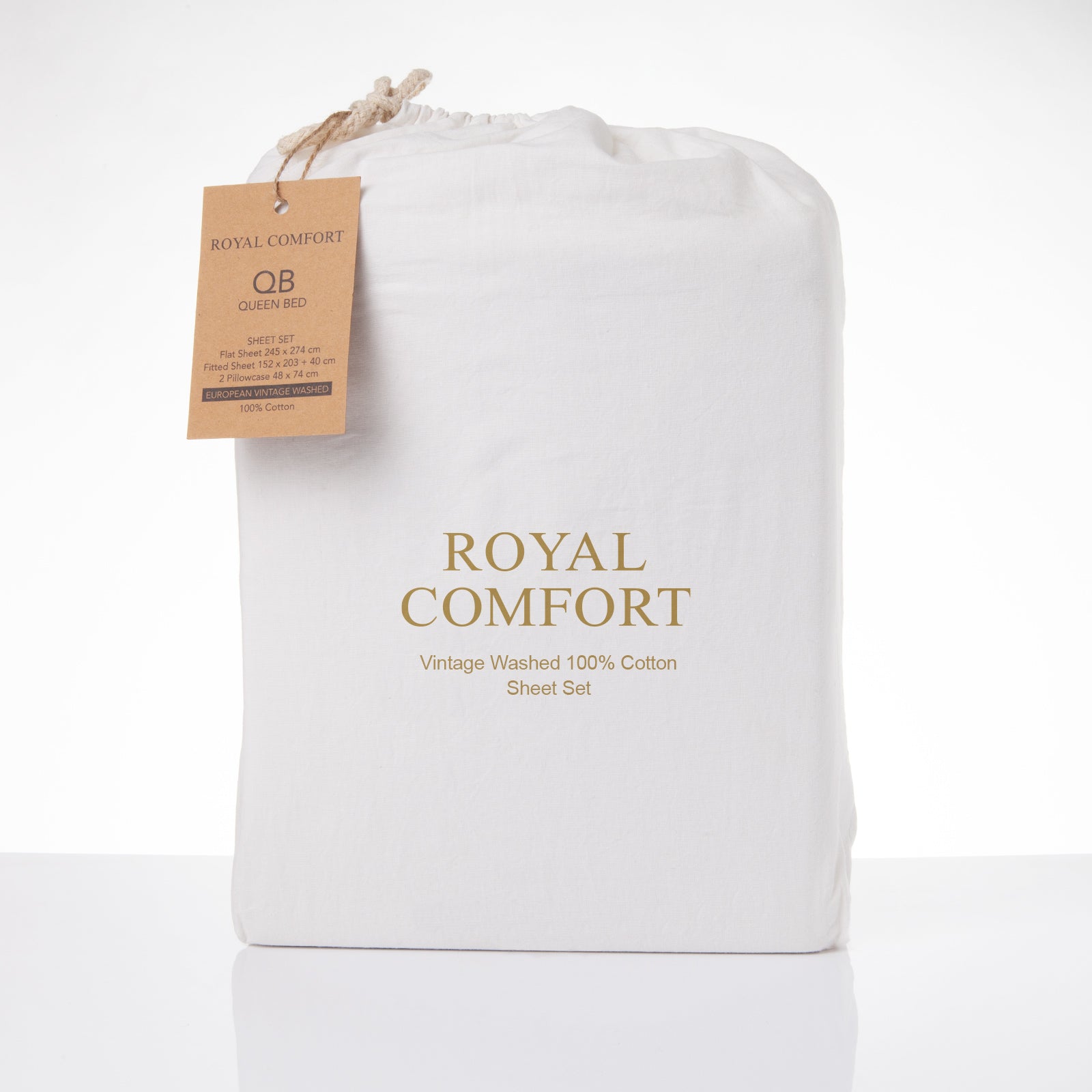 Royal Comfort Vintage Washed 100% Cotton Sheet Set Fitted Flat Sheet Pillowcases - Single - White