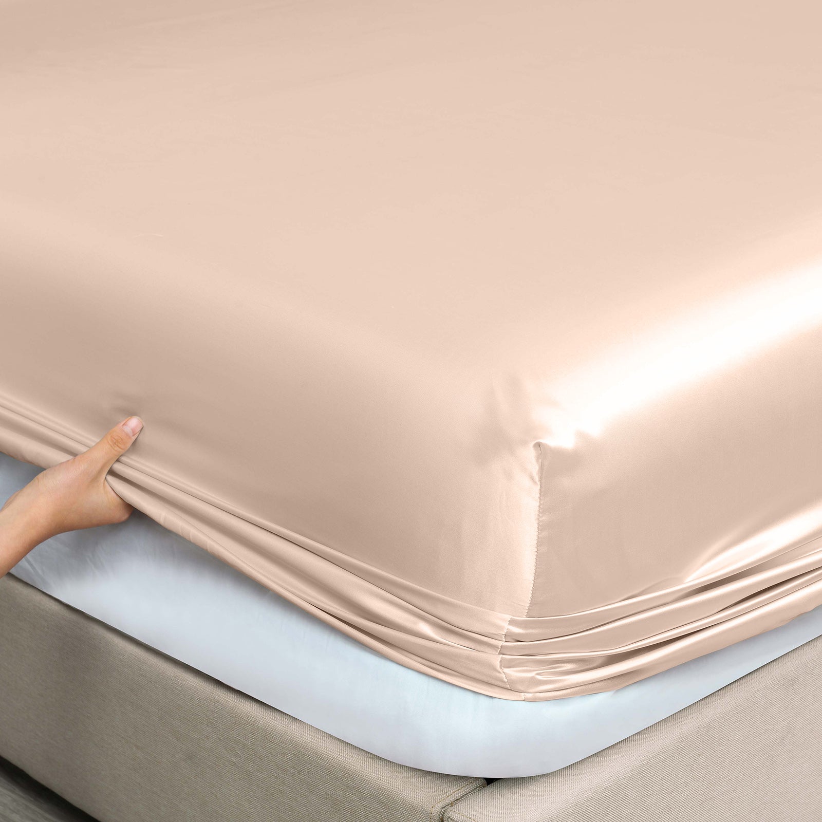 Royal Comfort Satin Sheet Set 3 Piece Fitted Sheet Pillowcase Soft - King - Champagne Pink
