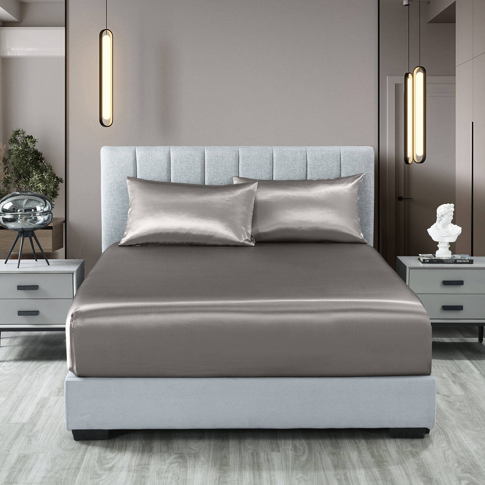 Royal Comfort Satin Sheet Set 3 Piece Fitted Sheet Pillowcase Soft - King - Charcoal