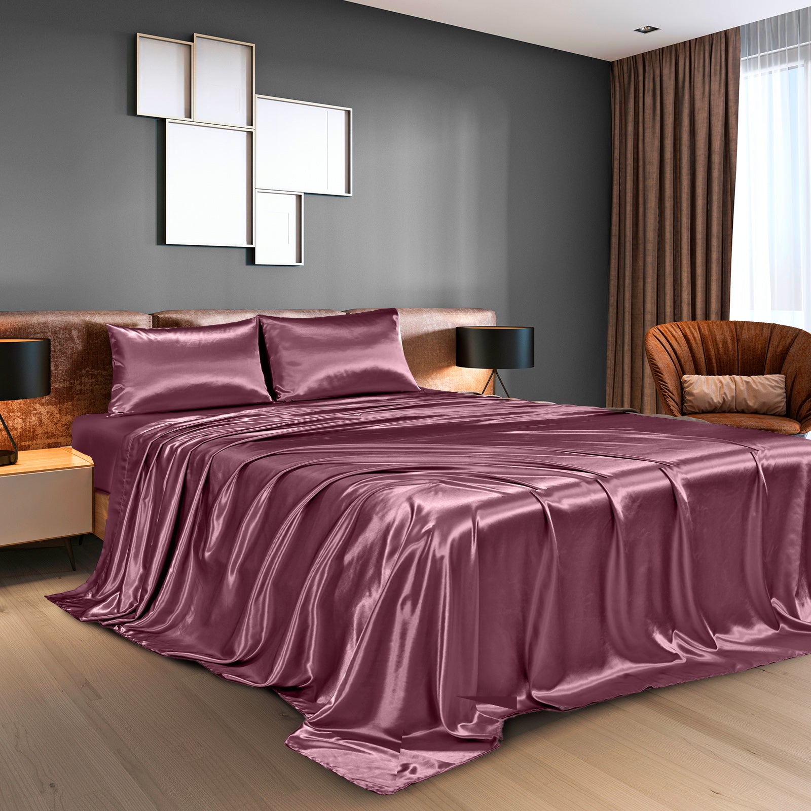 Royal Comfort Satin Sheet Set 4 Piece Fitted Flat Sheet Pillowcases - Queen - Malaga Wine