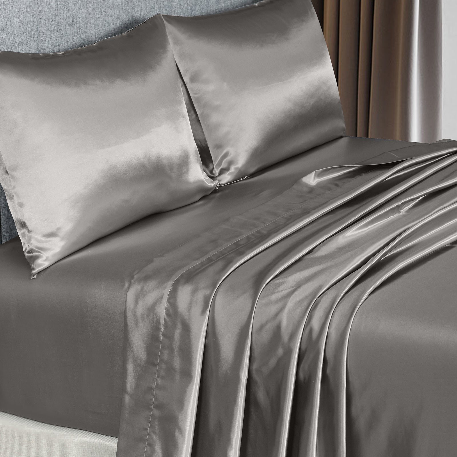 Royal Comfort Satin Sheet Set 4 Piece Fitted Flat Sheet Pillowcases - Queen - Charcoal