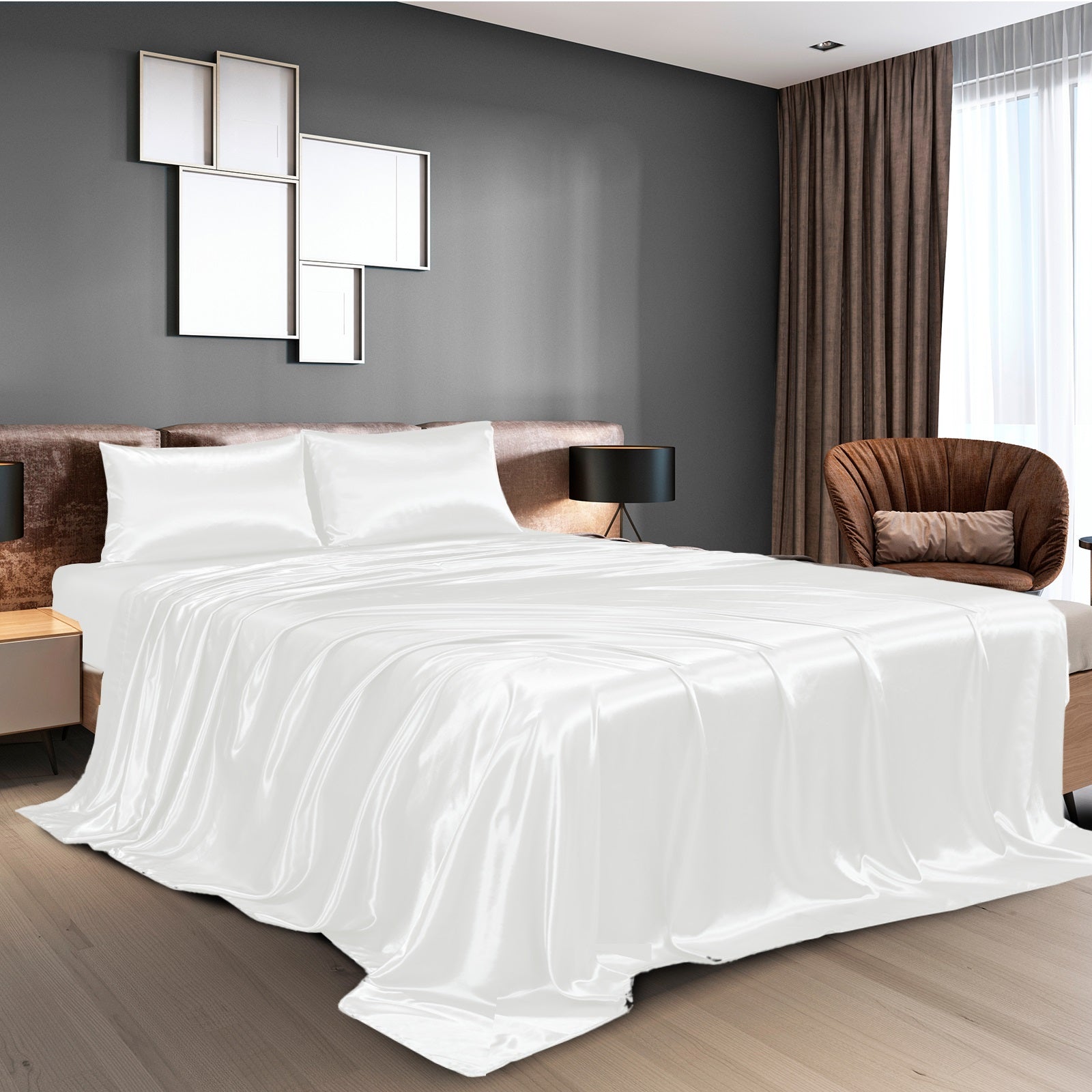 Royal Comfort Satin Sheet Set 4 Piece Fitted Flat Sheet Pillowcases - King - White