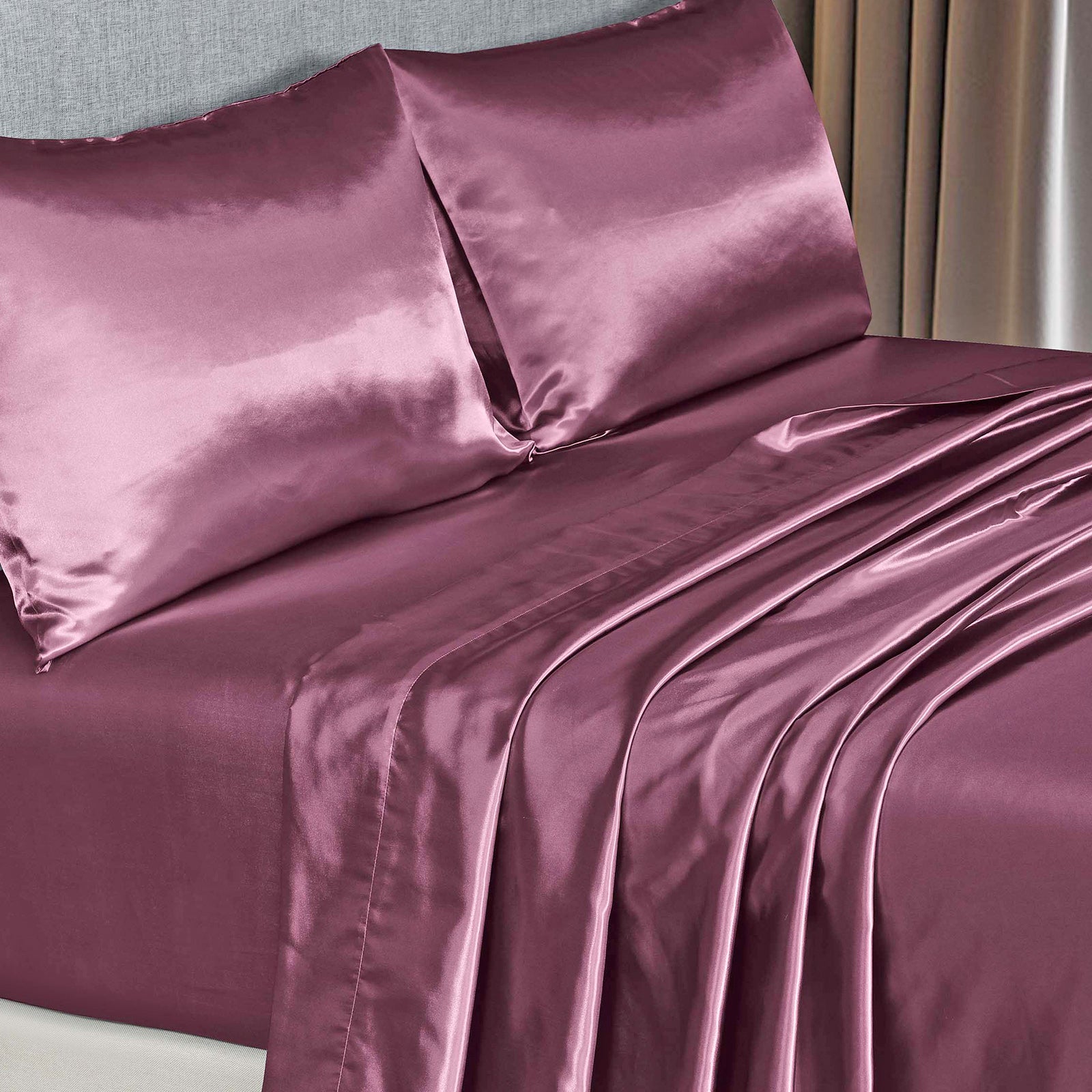 Royal Comfort Satin Sheet Set 4 Piece Fitted Flat Sheet Pillowcases - King - Malaga Wine