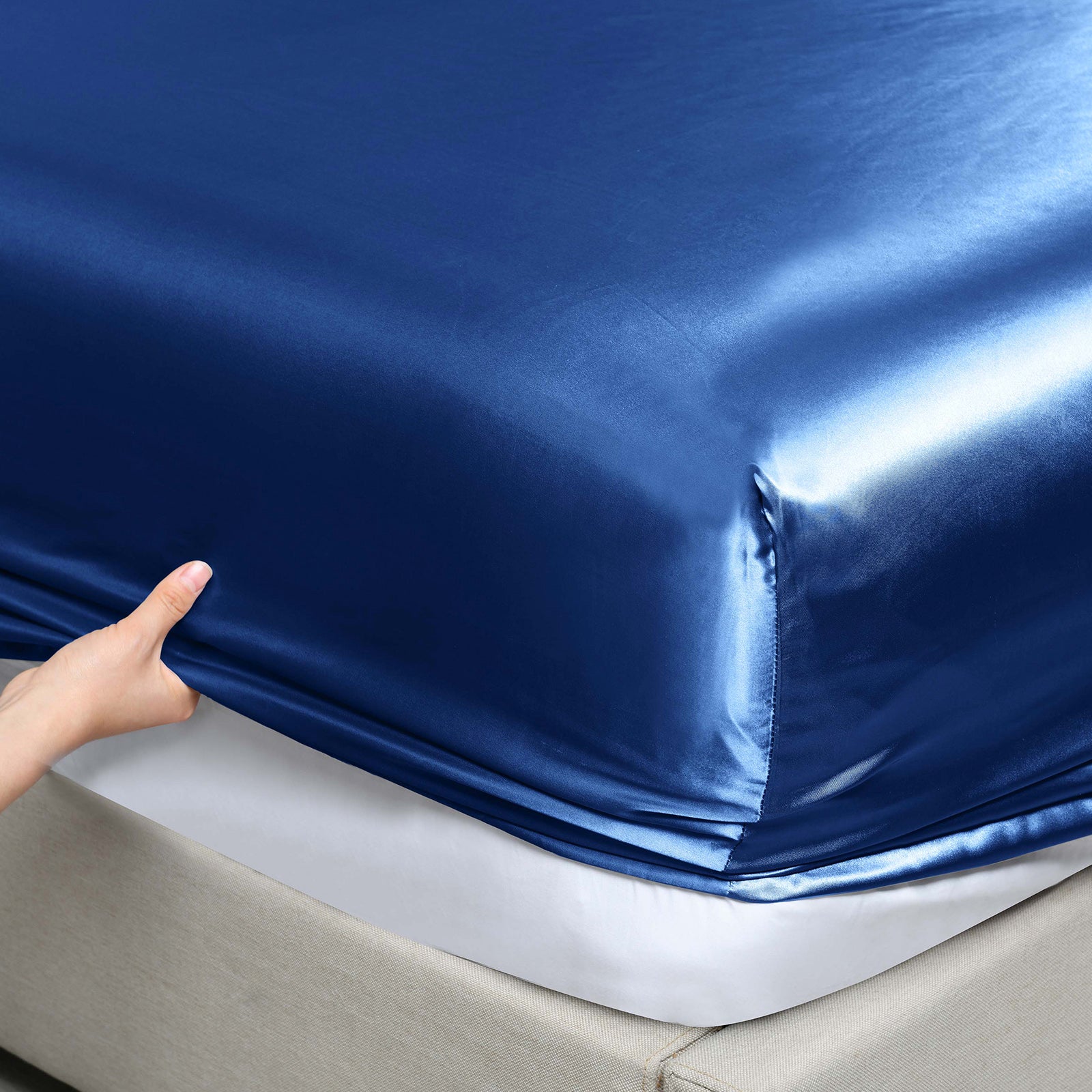 Royal Comfort Satin Sheet Set 4 Piece Fitted Flat Sheet Pillowcases - King - Navy Blue
