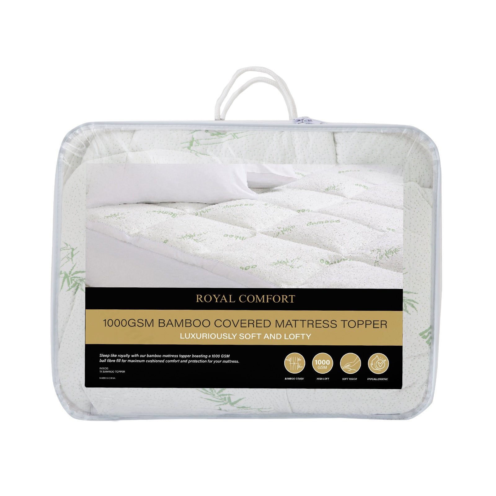 Royal Comfort 1000GSM Luxury Bamboo Covered Mattress Topper Ball Fibre Gusset - Single - White