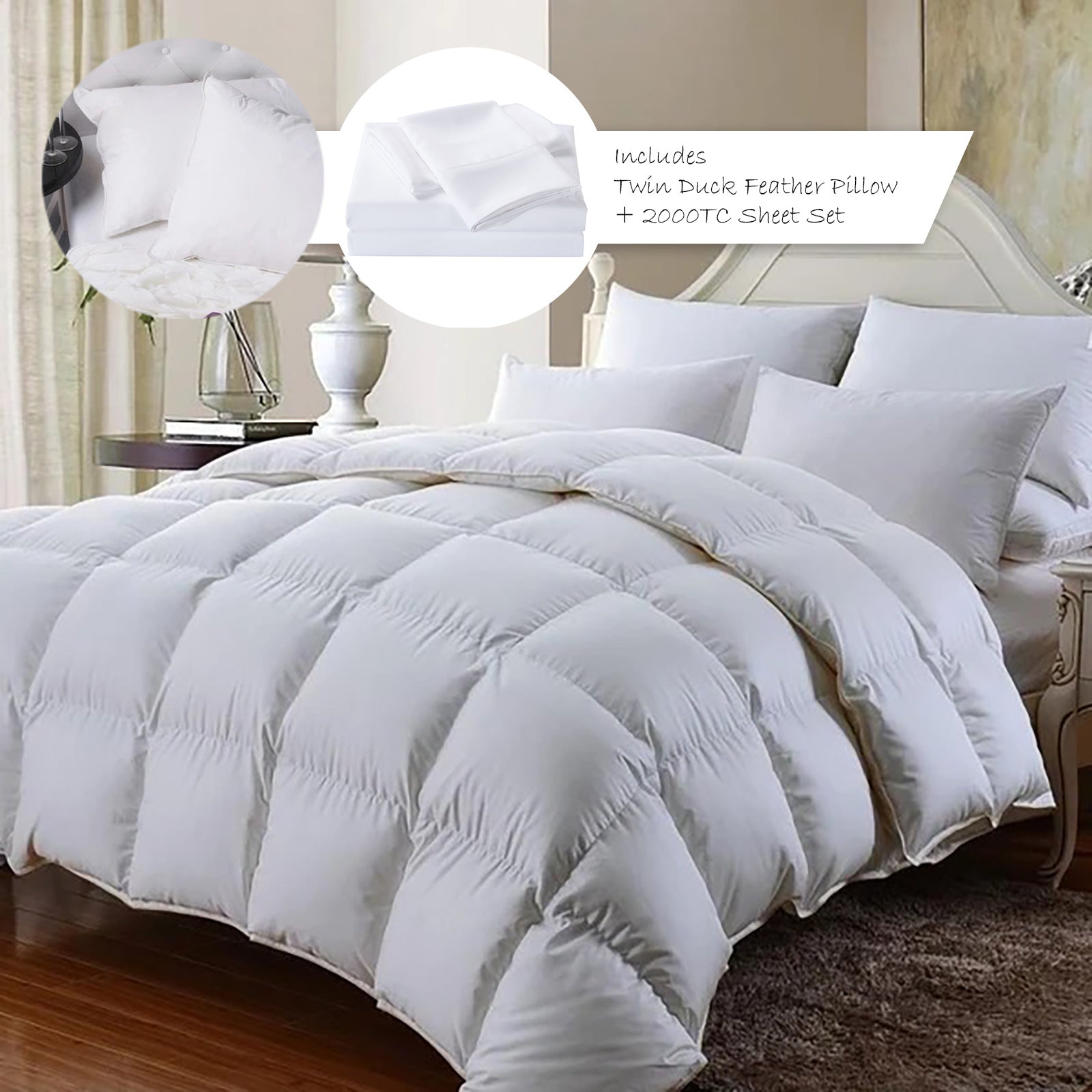Royal Comfort 350GSM Bamboo Quilt 2000TC Sheet Set And 2 Pack Duck Pillows Set - Queen - White