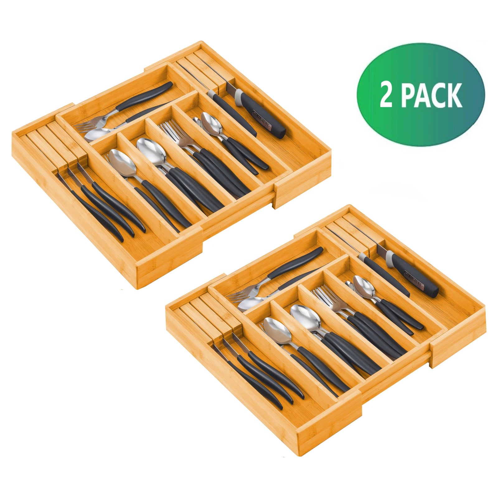 2 Pack Large Capacity Bamboo Expandable Drawer Organizer with Knife Block Holder for Home Kitchen Utensils
