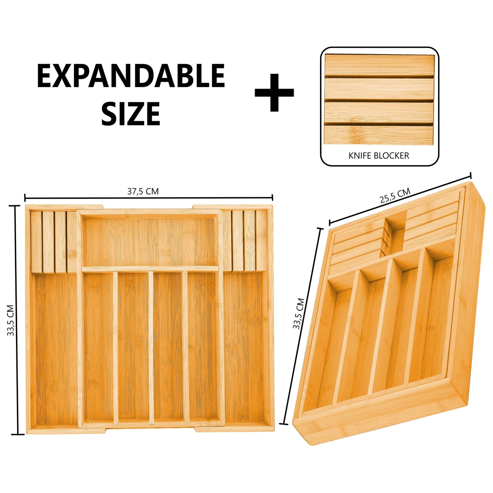 2 Pack Large Capacity Bamboo Expandable Drawer Organizer with Knife Block Holder for Home Kitchen Utensils