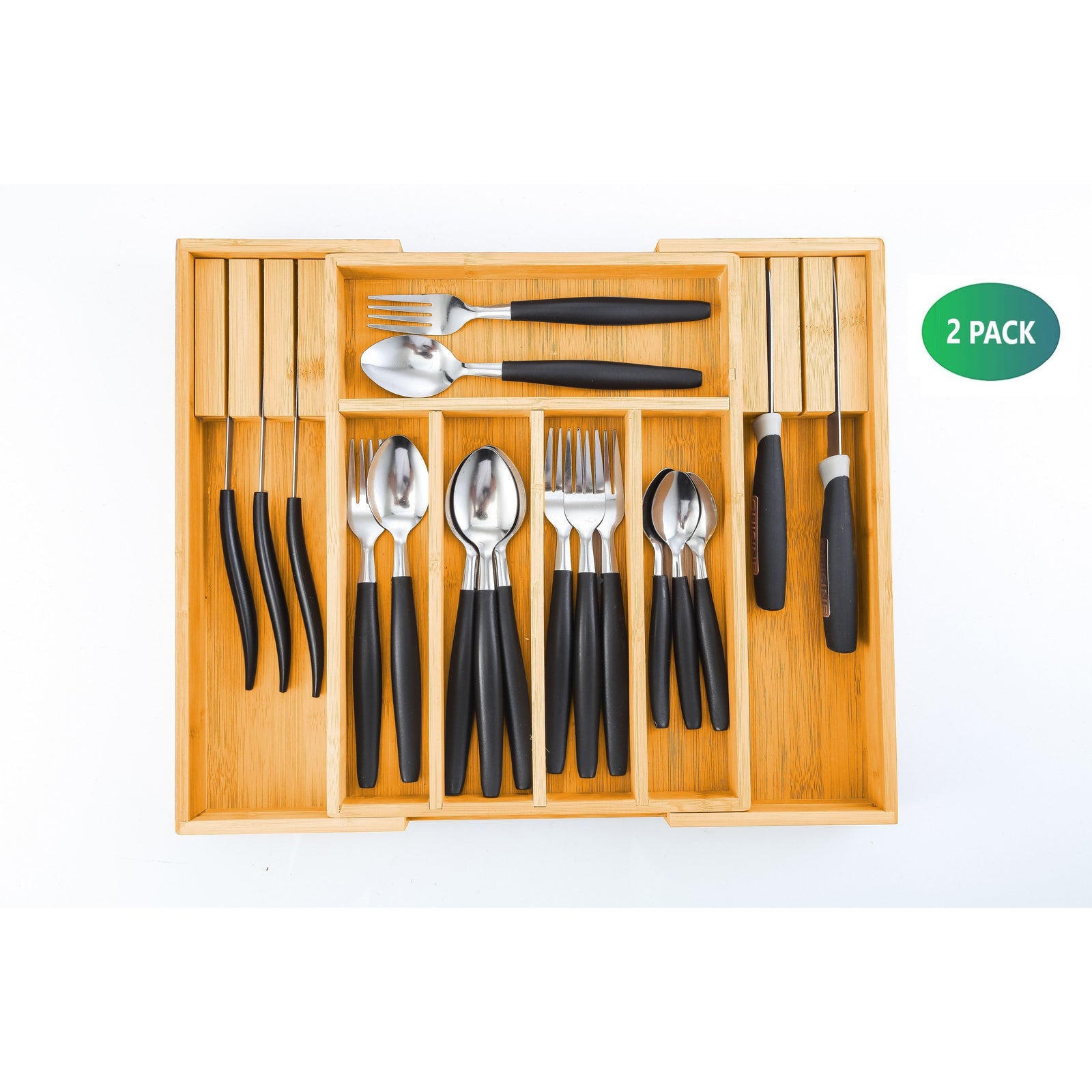 2 Pack Large Capacity Bamboo Expandable Drawer Organizer with Knife Block Holder for Home Kitchen Utensils