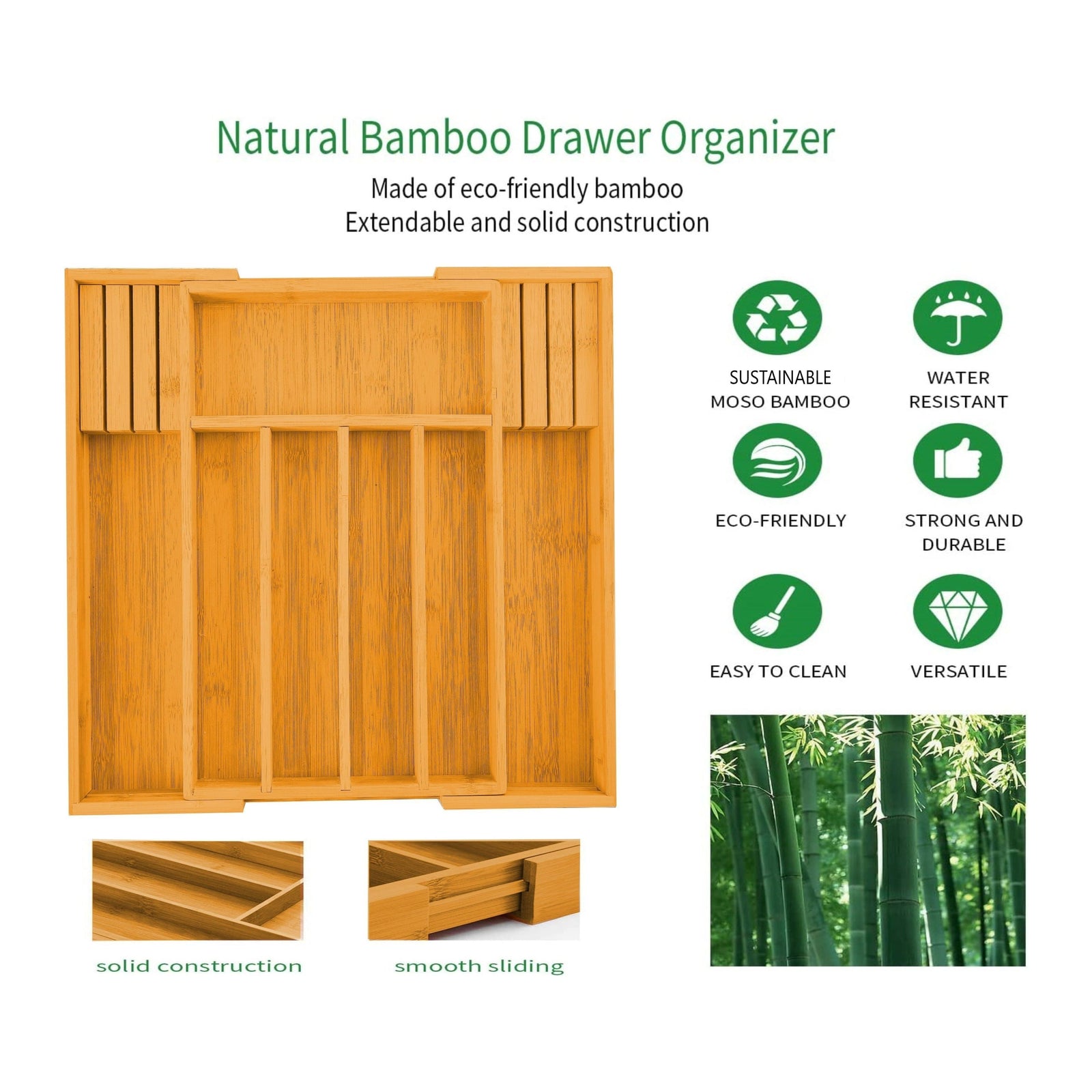 2 Pack Large Capacity Bamboo Expandable Drawer Organizer with Knife Block Holder for Home Kitchen Utensils