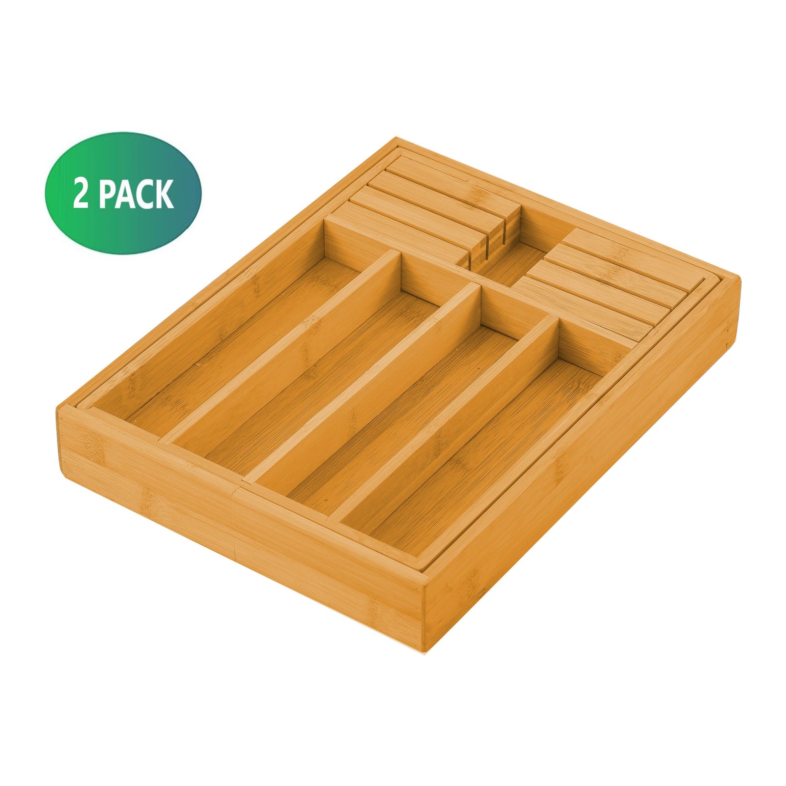 2 Pack Large Capacity Bamboo Expandable Drawer Organizer with Knife Block Holder for Home Kitchen Utensils