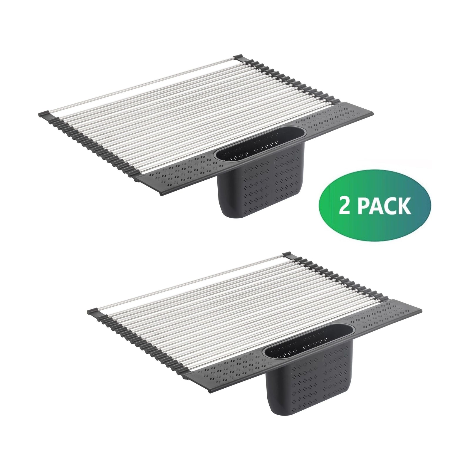 2 Pack Large Stainless Steel Roll Up Dish Drying Rack with Utensil Holder for Home Kitchen