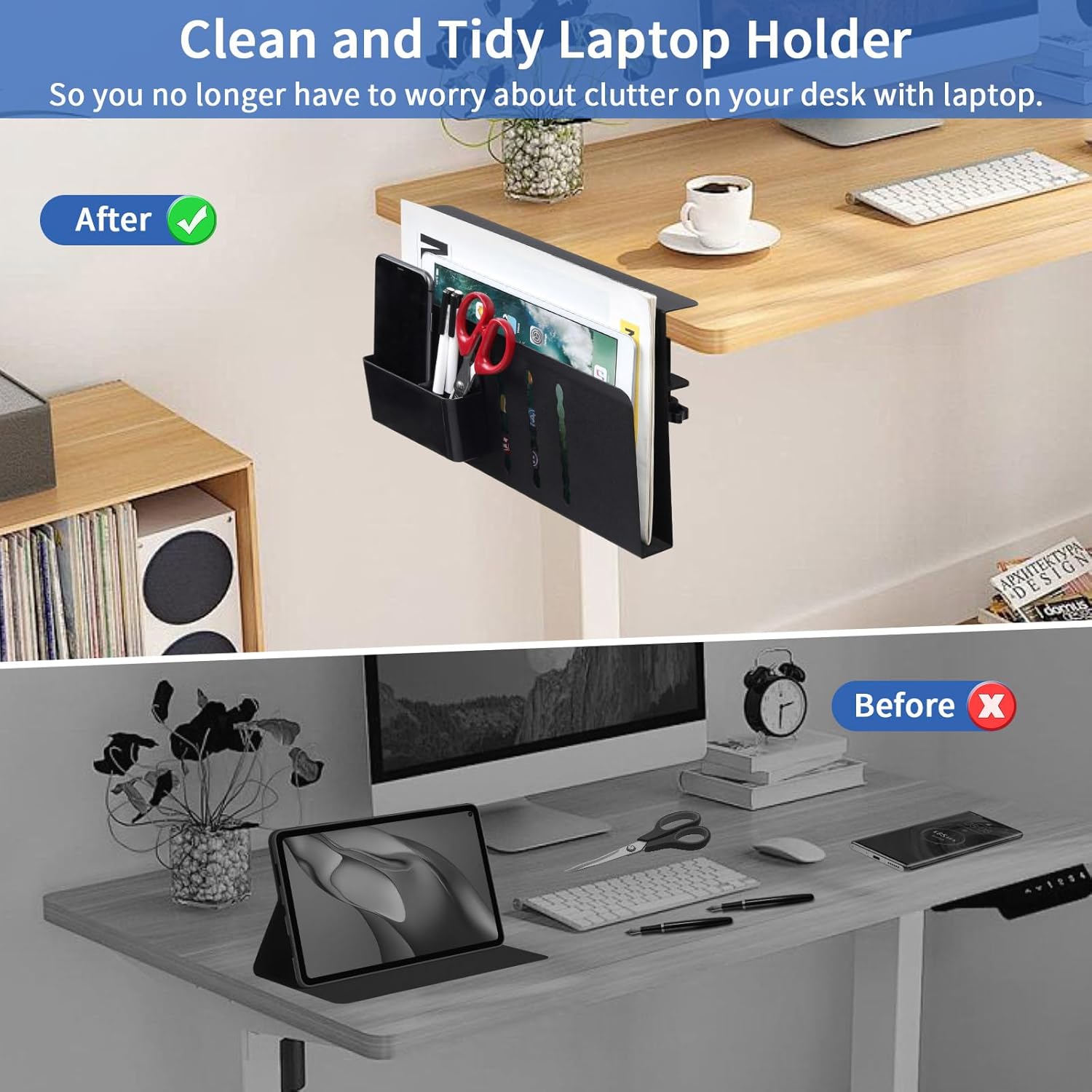 Under Desk Side Laptop Holder Storage with No Drill Cable Management Tray and Pen Storage for Office and Home