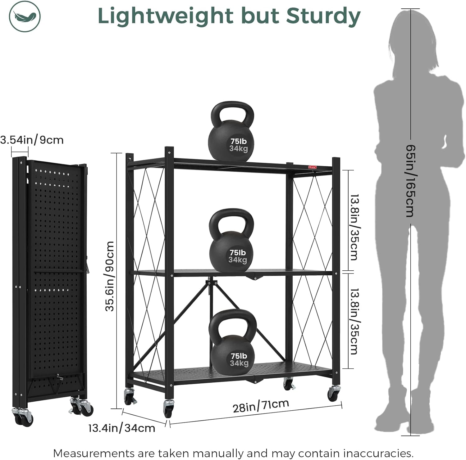 CARLA HOME 3-Tier Foldable Storage Shelf with Wheels for Kitchen, Garage, Pantry or Basement (Black)