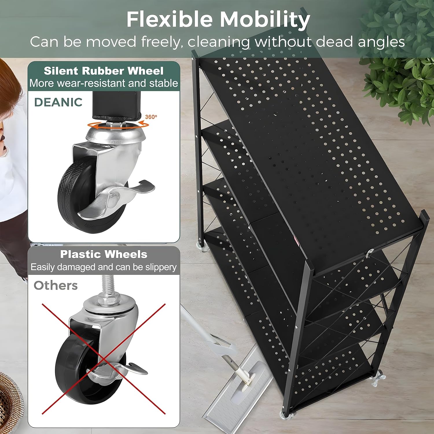 CARLA HOME 4-Tier Foldable Storage Shelf with Wheels for Kitchen, Garage, Pantry or Basement (Black)