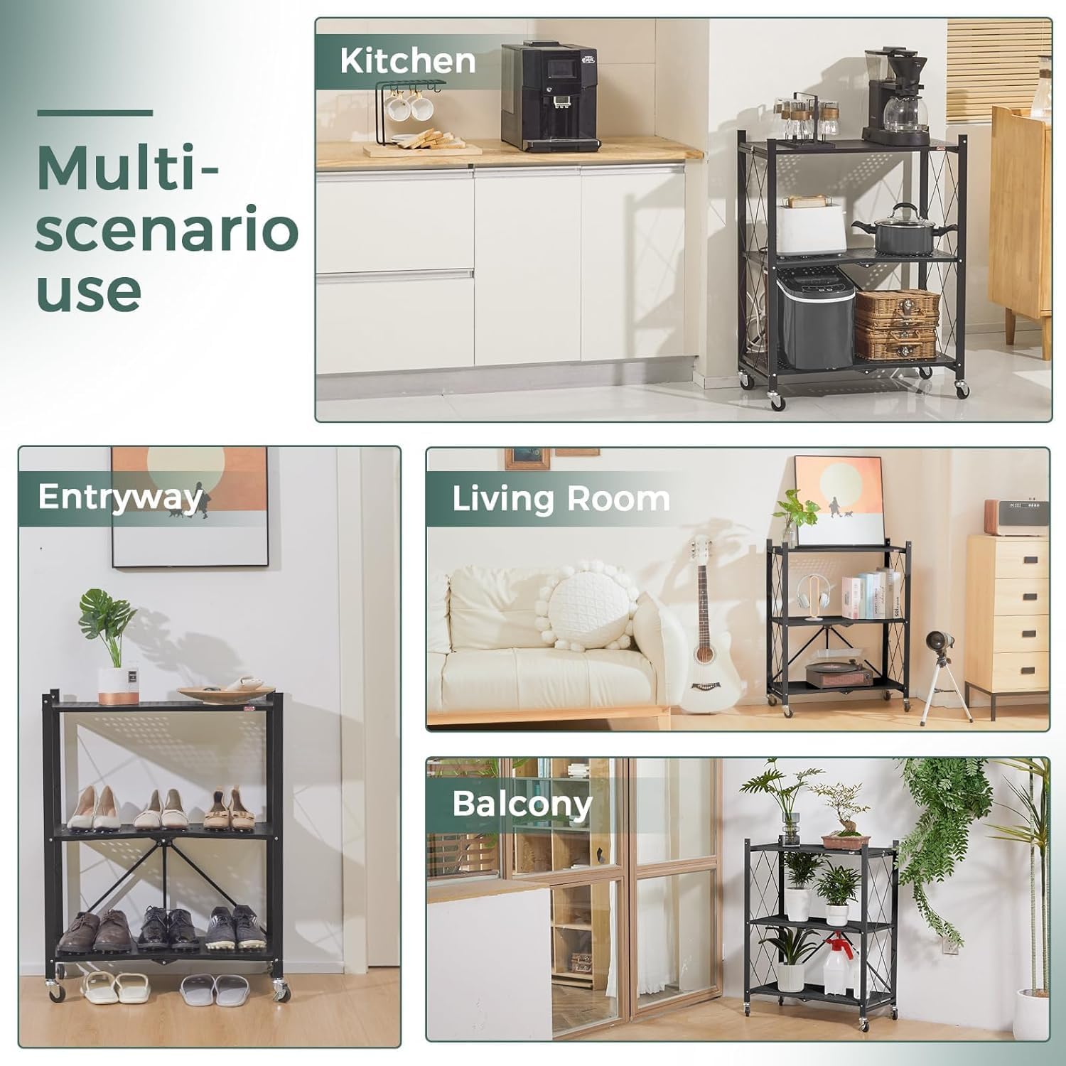 CARLA HOME 5-Tier Foldable Storage Shelf with Wheels for Kitchen, Garage, Pantry or Basement (Black)