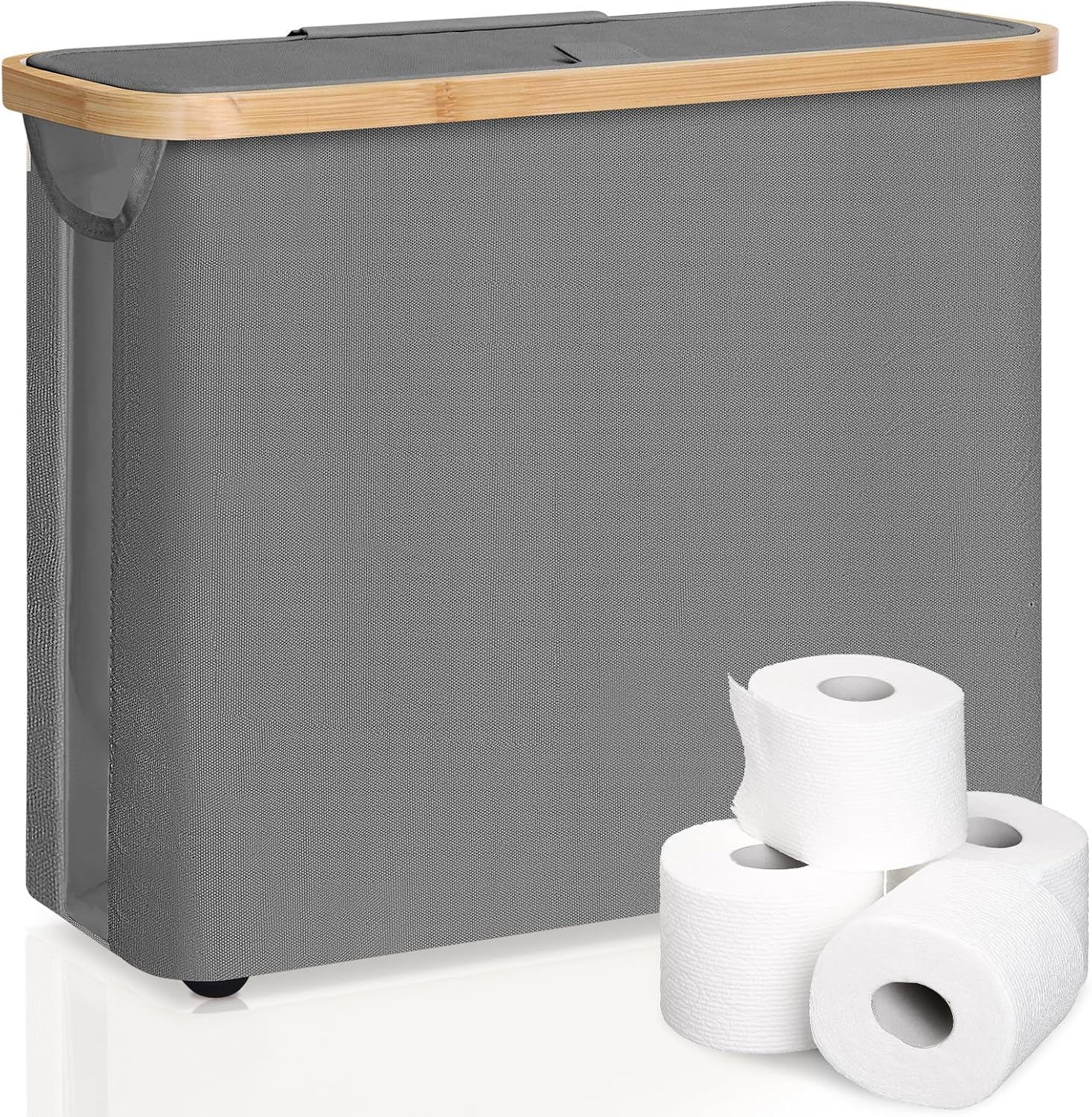 CARLA HOME Toilet Paper Storage Basket Holds Up to 12 Rolls with Bamboo Lid and Handle for RV Closet (Grey)