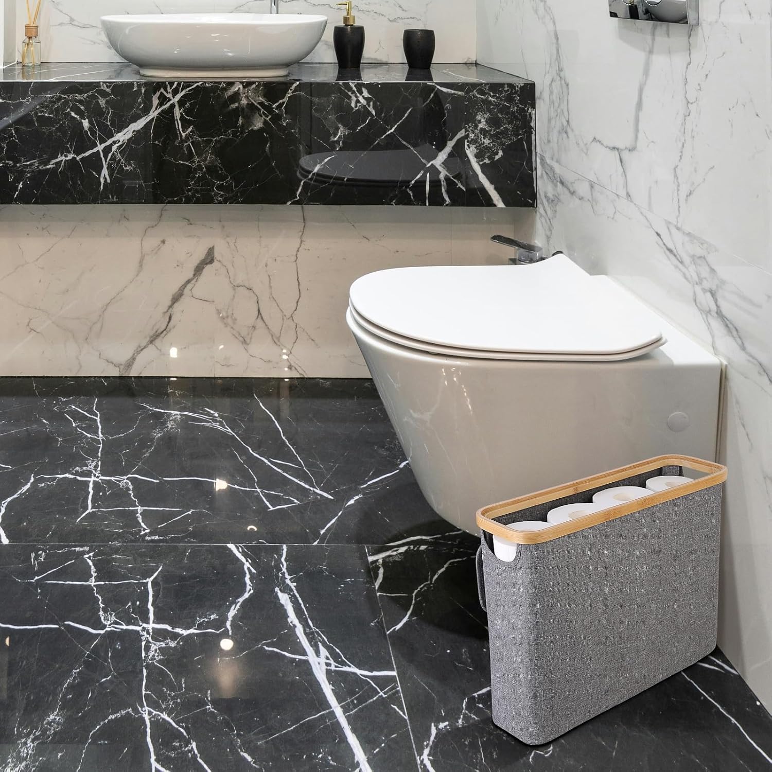 CARLA HOME Toilet Paper Storage Basket Holds Up to 12 Rolls with Bamboo Lid and Handle for RV Closet (Grey)