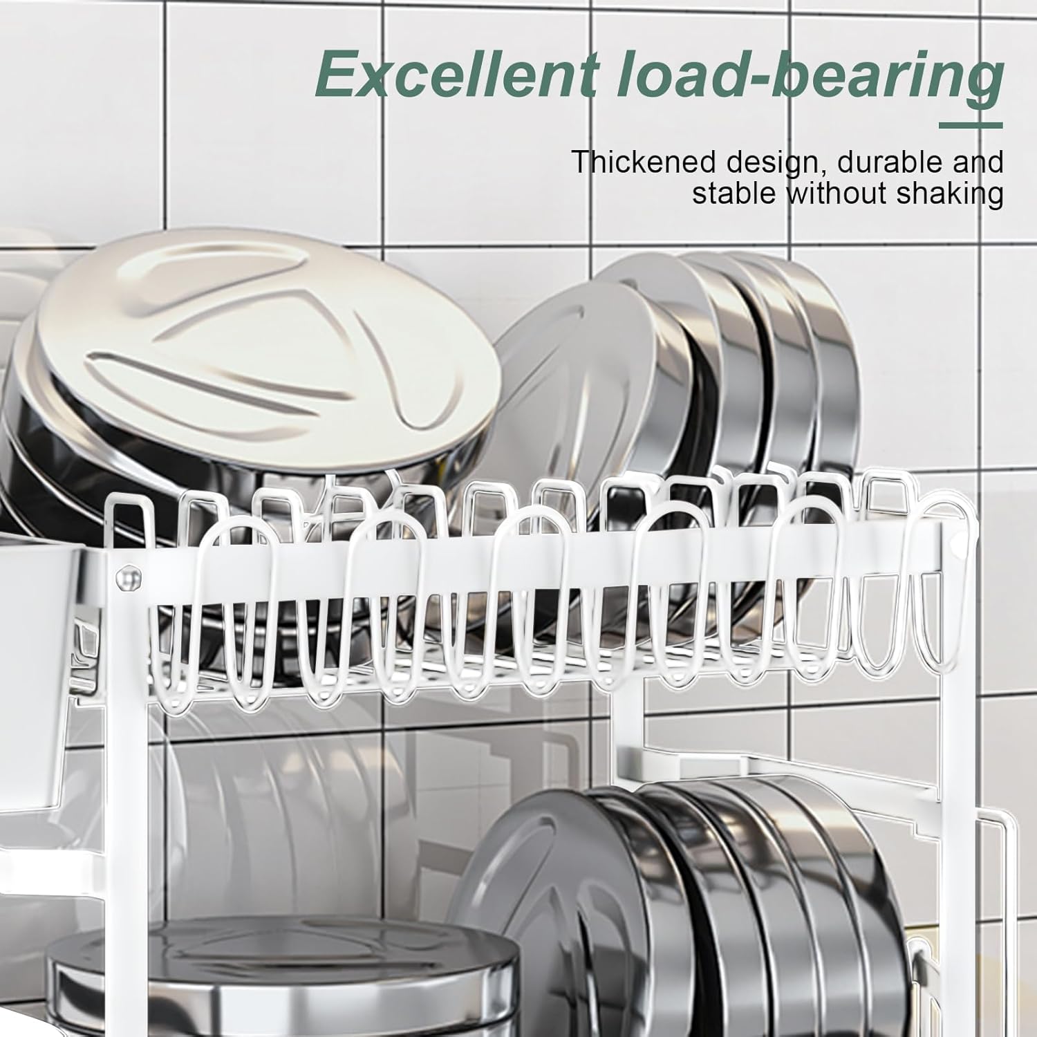 CARLA HOME 2-Tier Dish Drying Rack with Drainage Tray, Utensil Holder, Cup Hooks & Cutting Board Slot for Countertop Kitchen Storage (White)