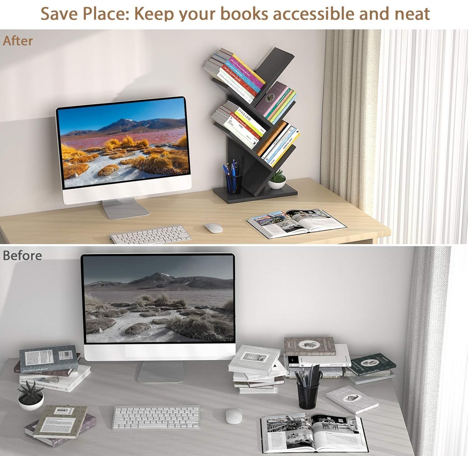 CARLA HOME 5-Tier Tree Bookshelf Storage Rack for Home Office or Bedroom (Black)