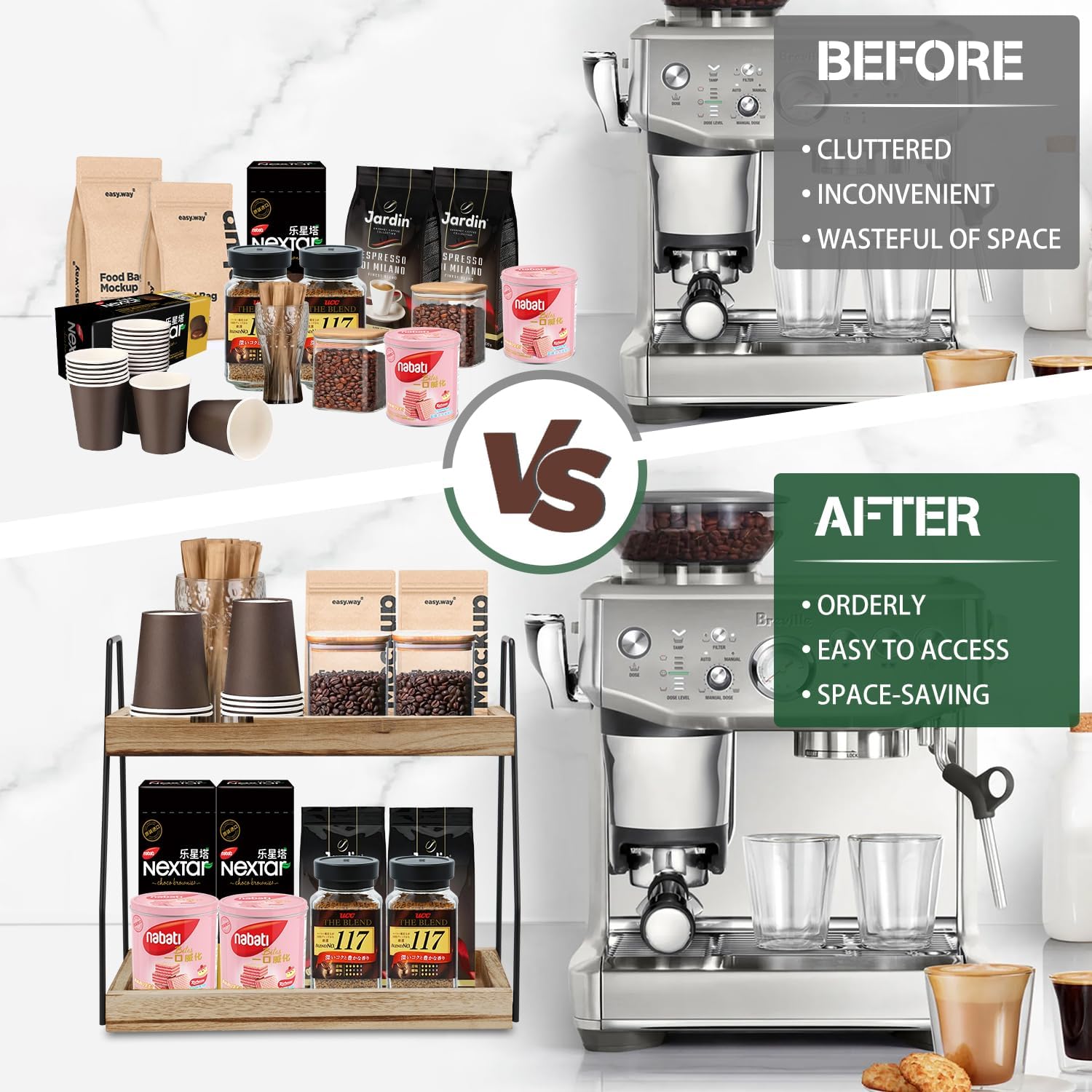 CARLA HOME 2-Tier Wooden Coffee Station Rack Organizer for Coffee Bar, Condiments, Syrups, Storage Jars & Spice Storage Shelf