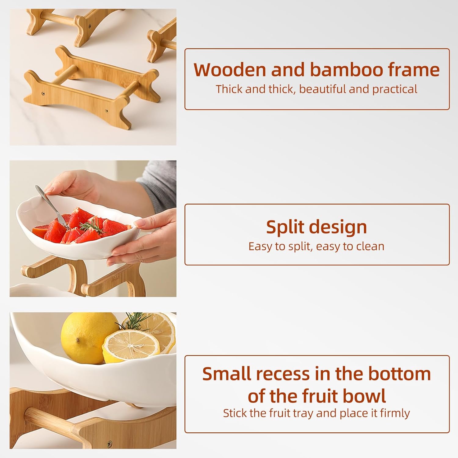 CARLA HOME 3-Tier Ceramic Fruit Bowl Basket with Bamboo Stand for Kitchen Counter, Snack Tray, Dessert Server & Vegetable Storage Rack