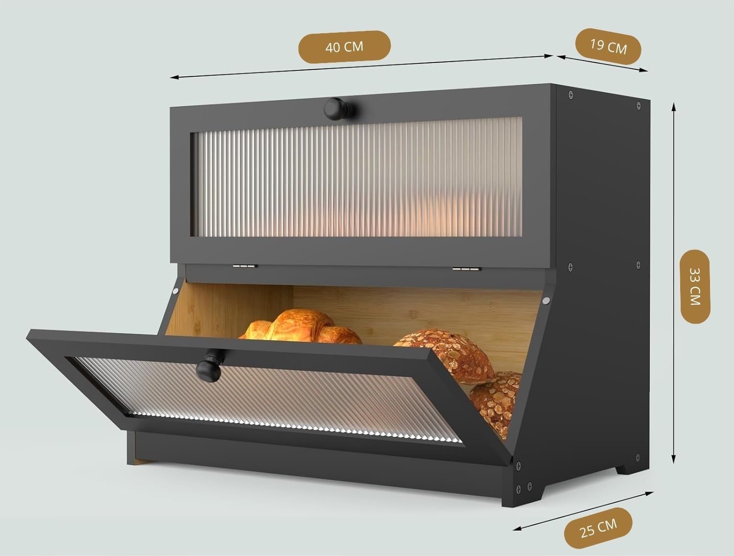 CARLA HOME Double Layer Bamboo Bread Box for Kitchen Counter - Large Capacity Bread Storage Container with Clear Window, Easy Assembly, Farmhouse Style Bread Holder (Black)