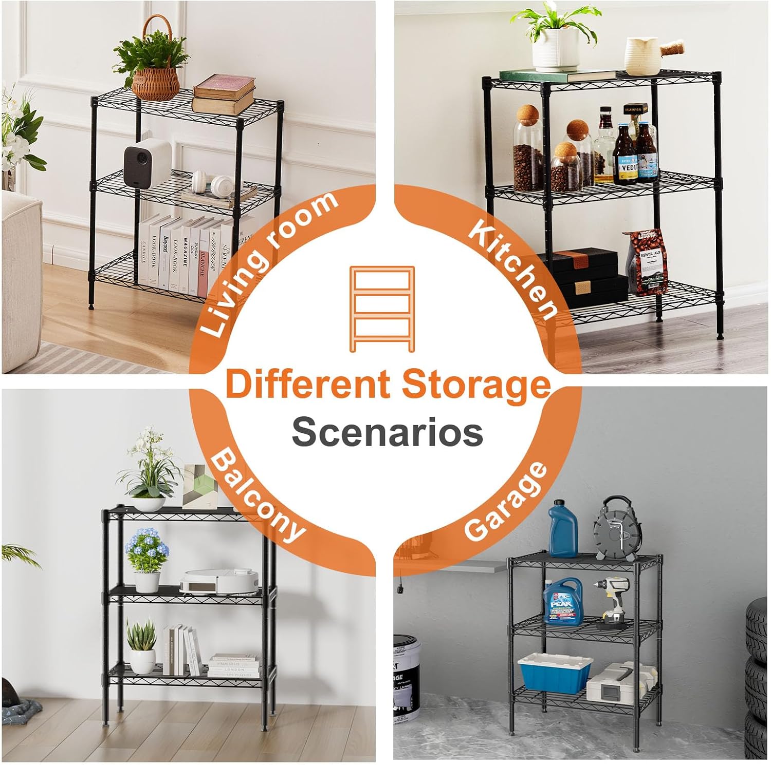 CARLA HOME 3-Tier Adjustable Metal Storage Shelves Wire Rack Organizer for Kitchen, Pantry, Bathroom or Laundry Room (60cm W x 35cm D x 103cm H)