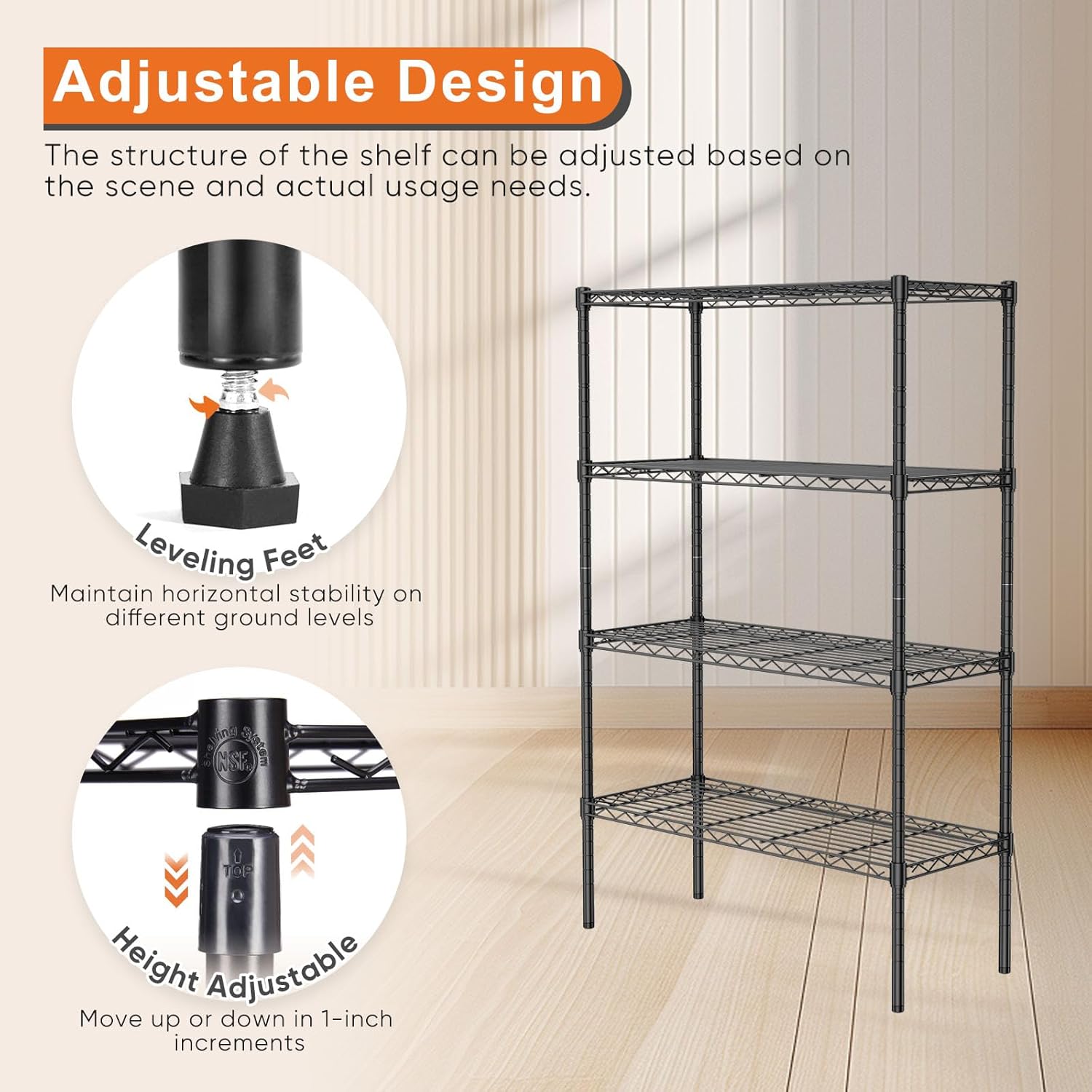 CARLA HOME 4-Tier Adjustable Metal Storage Shelves Wire Rack Organizer for Kitchen, Pantry, Bathroom or Laundry Room (60cm W x 40cm D x 140cm H)