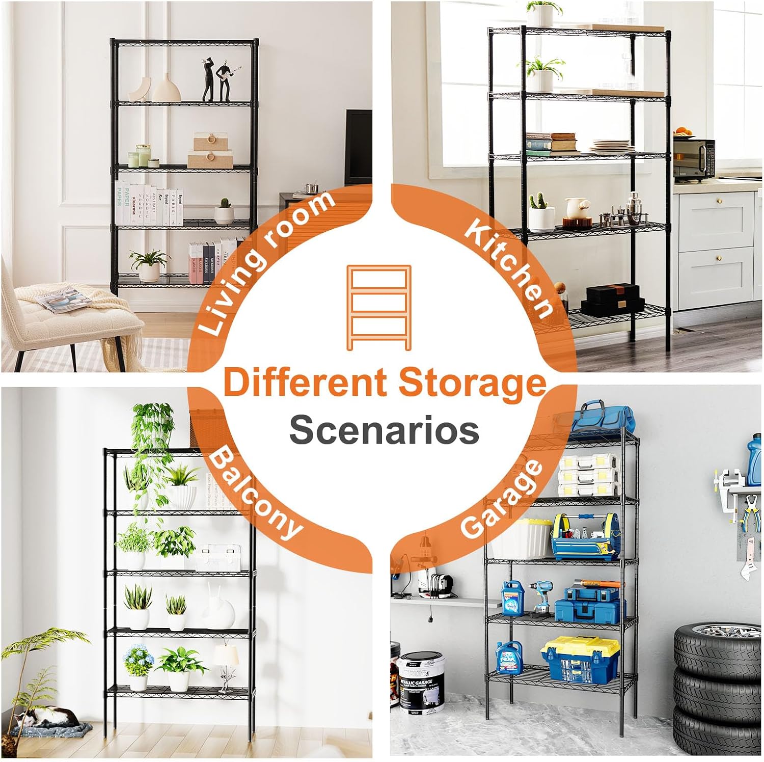 CARLA HOME 5-Tier Adjustable Metal Storage Shelves Wire Rack Organizer for Kitchen, Pantry, Bathroom or Laundry Room (60cm W x 40cm D x 176cm H)