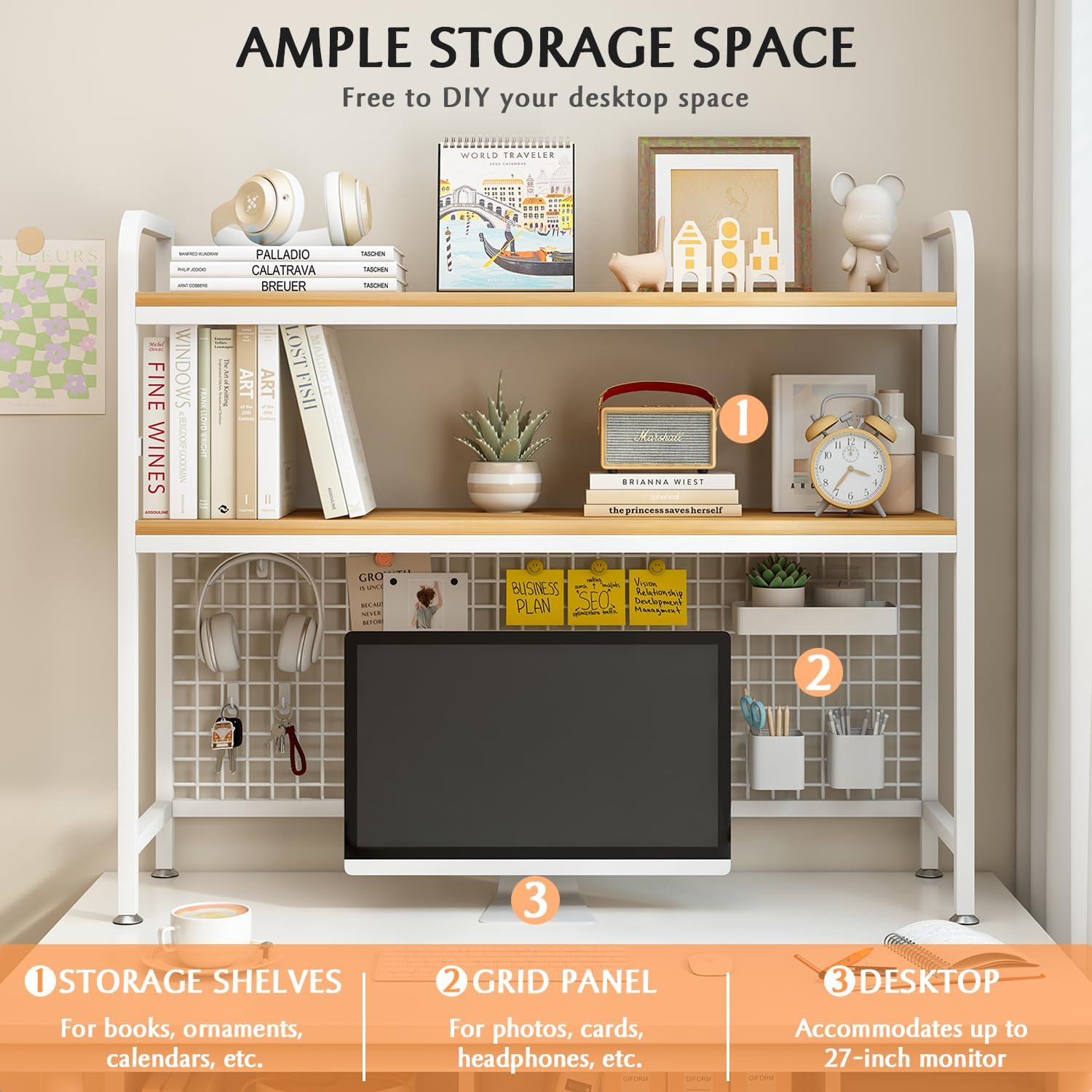 CARLA HOME 2-Tier Metal Desktop Hutch Bookshelf with Grid Panel for Computer Desk and Office Countertop