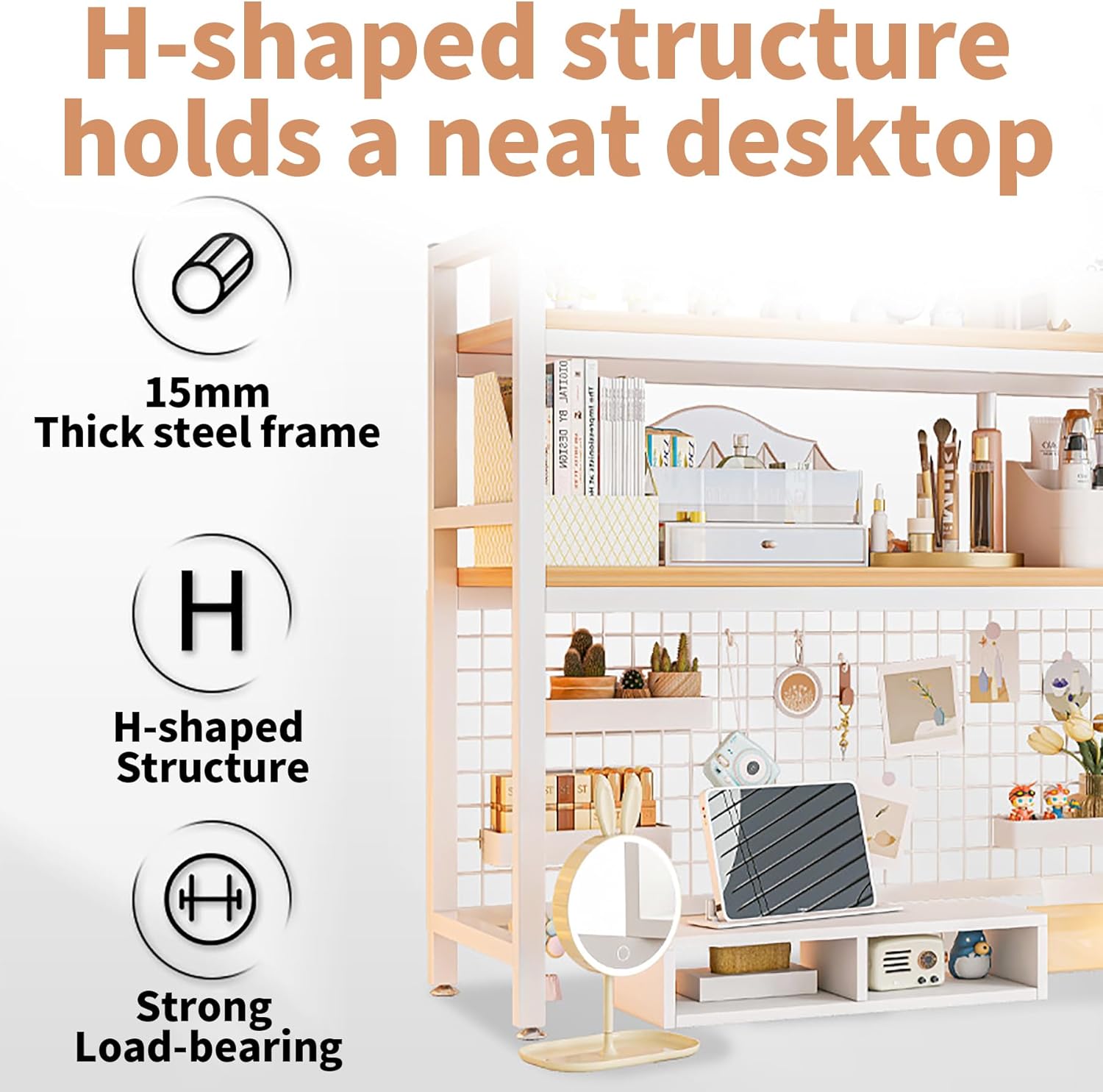CARLA HOME 2-Tier Metal Desktop Hutch Bookshelf with Grid Panel for Computer Desk and Office Countertop