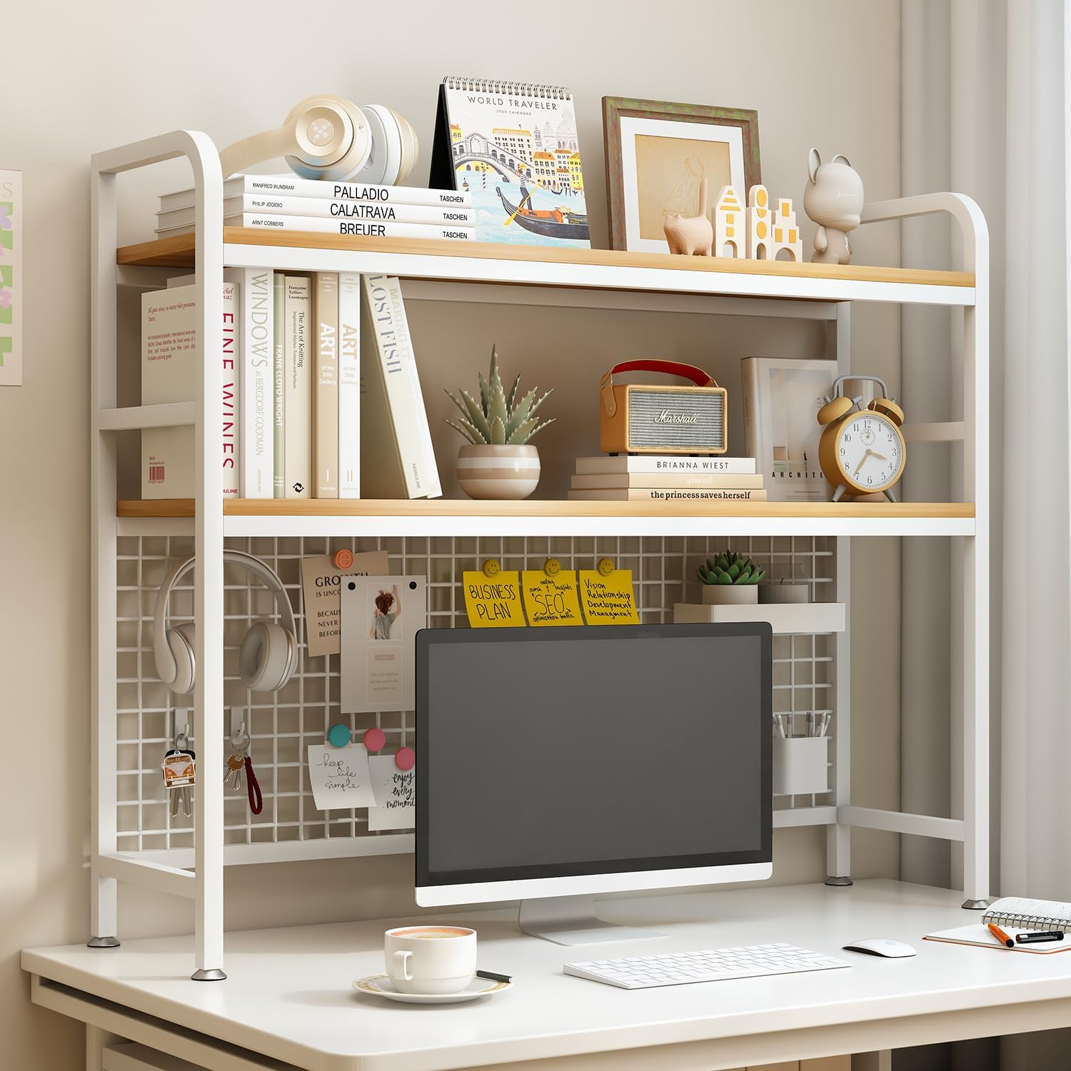 CARLA HOME 2-Tier Metal Desktop Hutch Bookshelf with Grid Panel for Computer Desk and Office Countertop