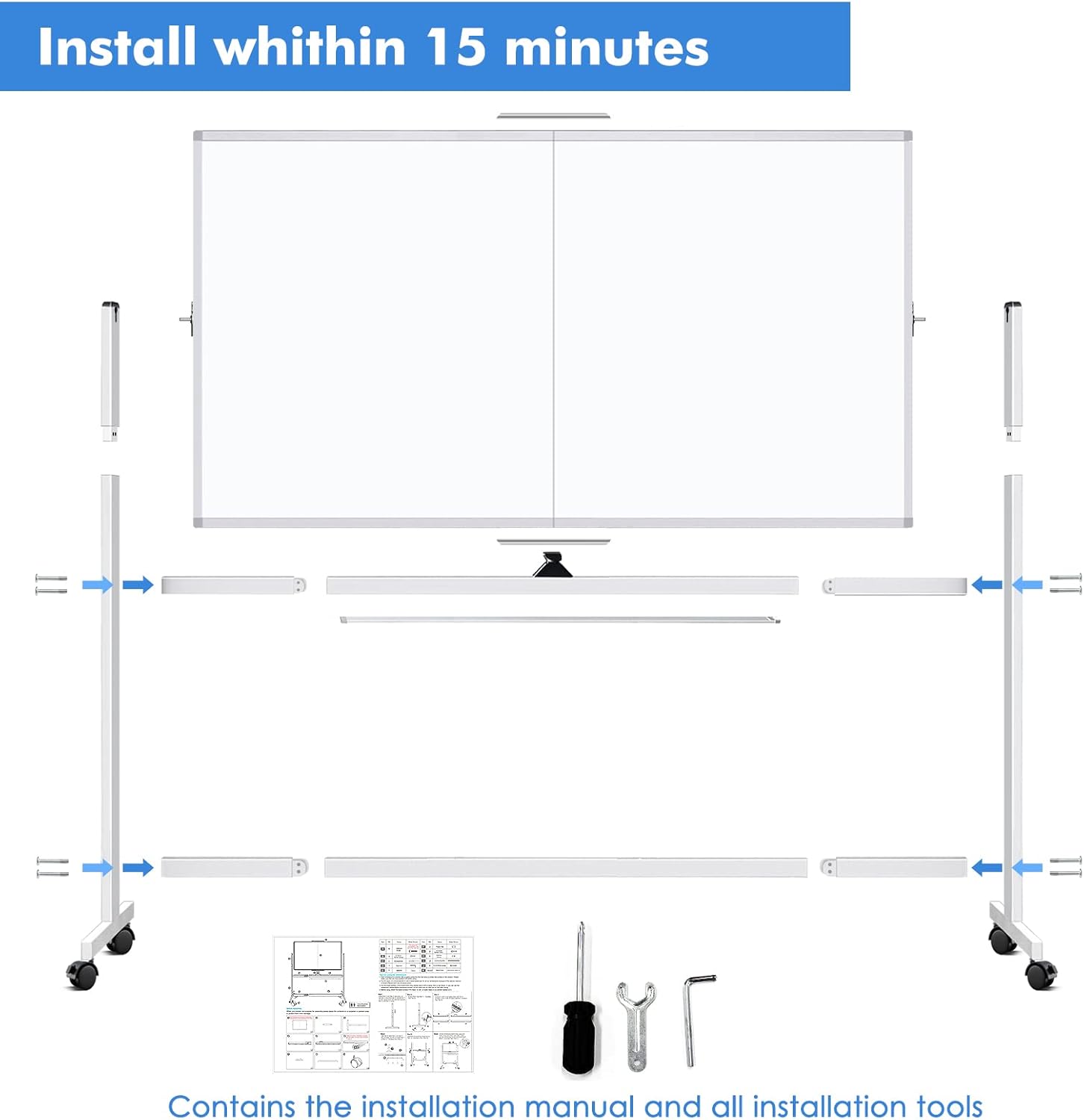 CARLA HOME Double-Sided Magnetic Whiteboard 120x90cm with Wheels, Reversible Design for School, Office & Home