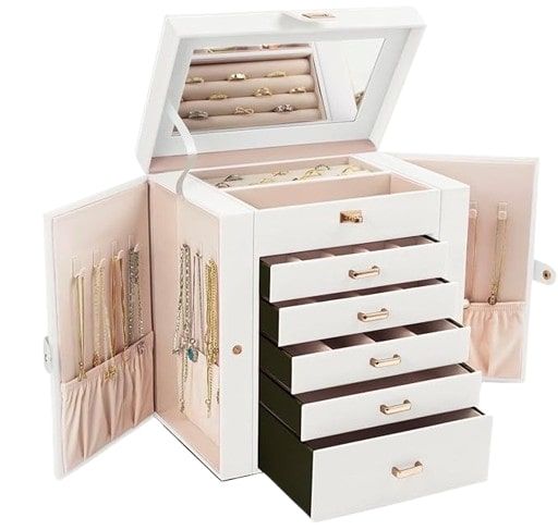 CARLA HOME 6-Layer Large Jewelry Box for Women withDrawers, Mirror, Lock, Necklace Hooks & Side Compartments for Rings, Earrings, Bracelets, Gifts (White)