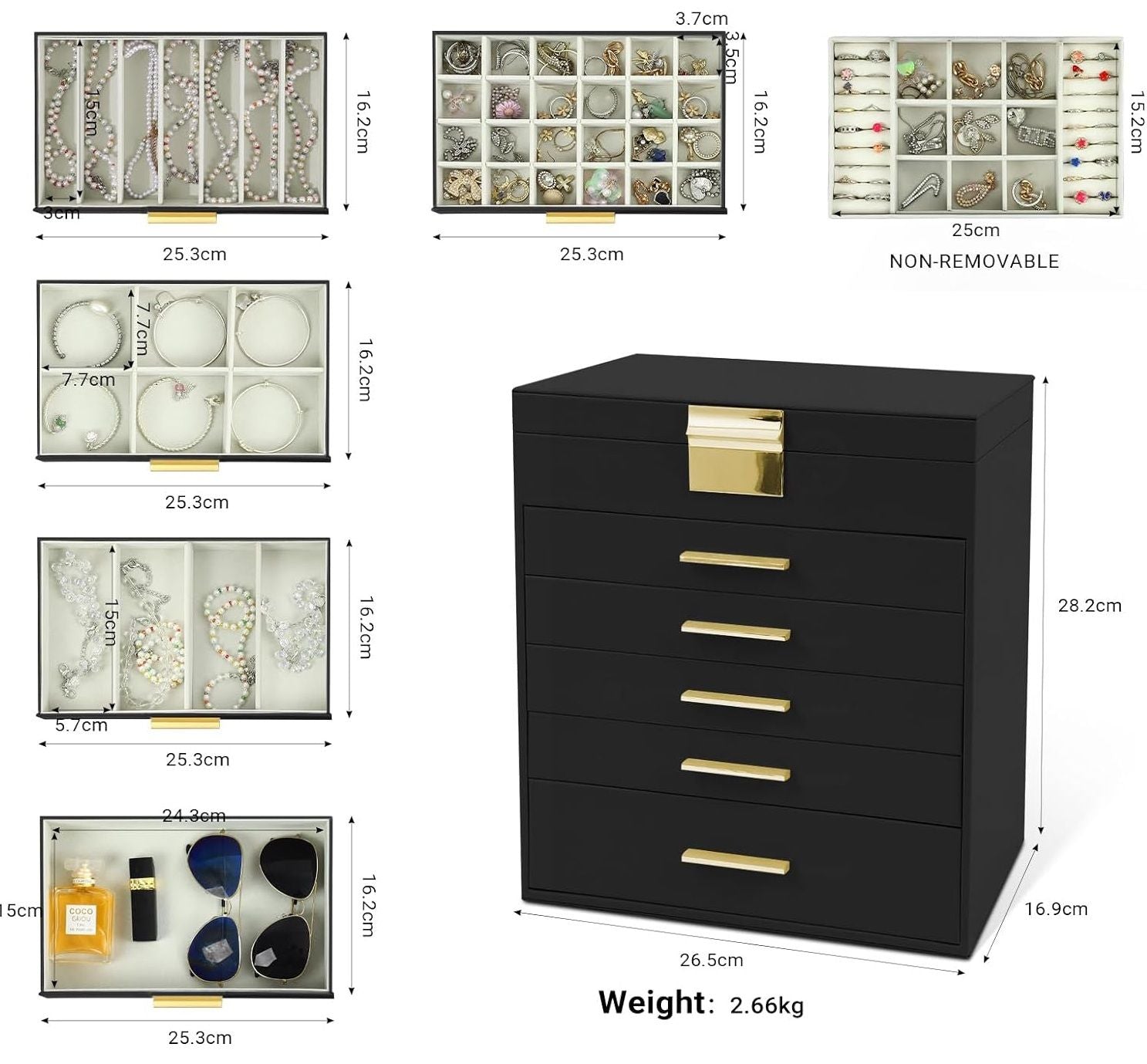 CARLA HOME 6-Layer Large Jewelry Organizer Box for Women with Mirror, Drawers, Hooks & Dividers for Rings, Necklaces, Bracelets, Ideal Gift for Women (Black)