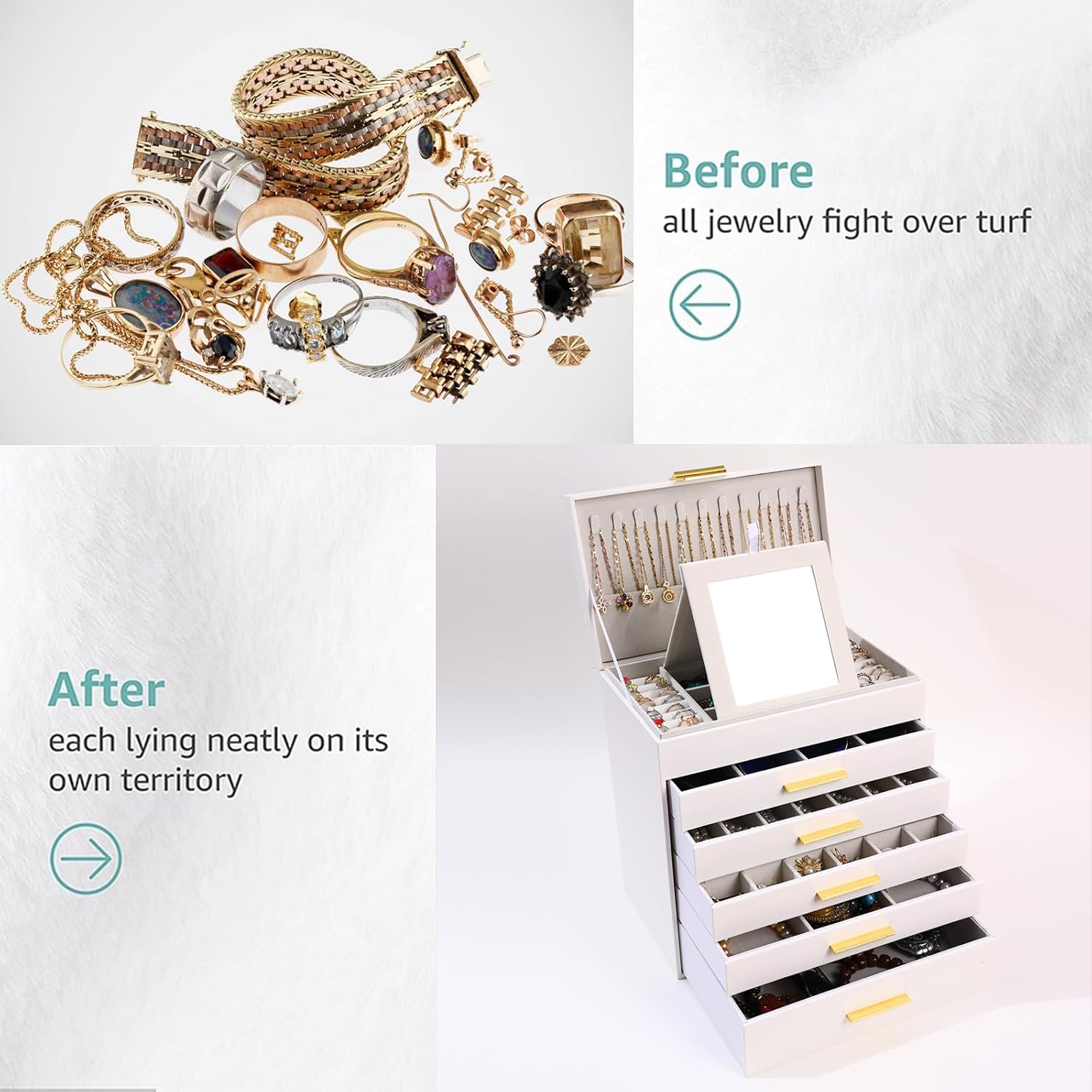 CARLA HOME 6-Layer Large Jewelry Organizer Box for Women with Mirror, Drawers, Hooks & Dividers for Rings, Necklaces, Bracelets, Ideal Gift for Women (White)