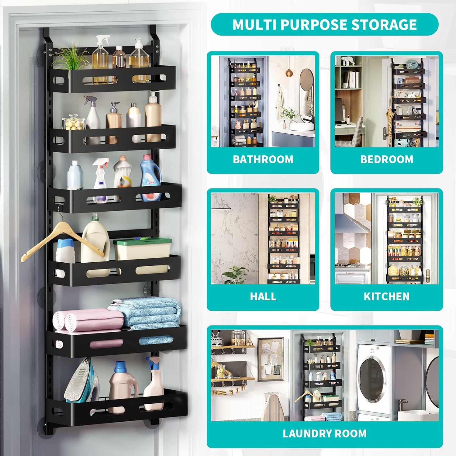 CARLA HOME 6 Tier Over the Door Organizer with Adjustable Metal Pantry Storage Rack and Hanging Baskets for Kitchen and Bathroom