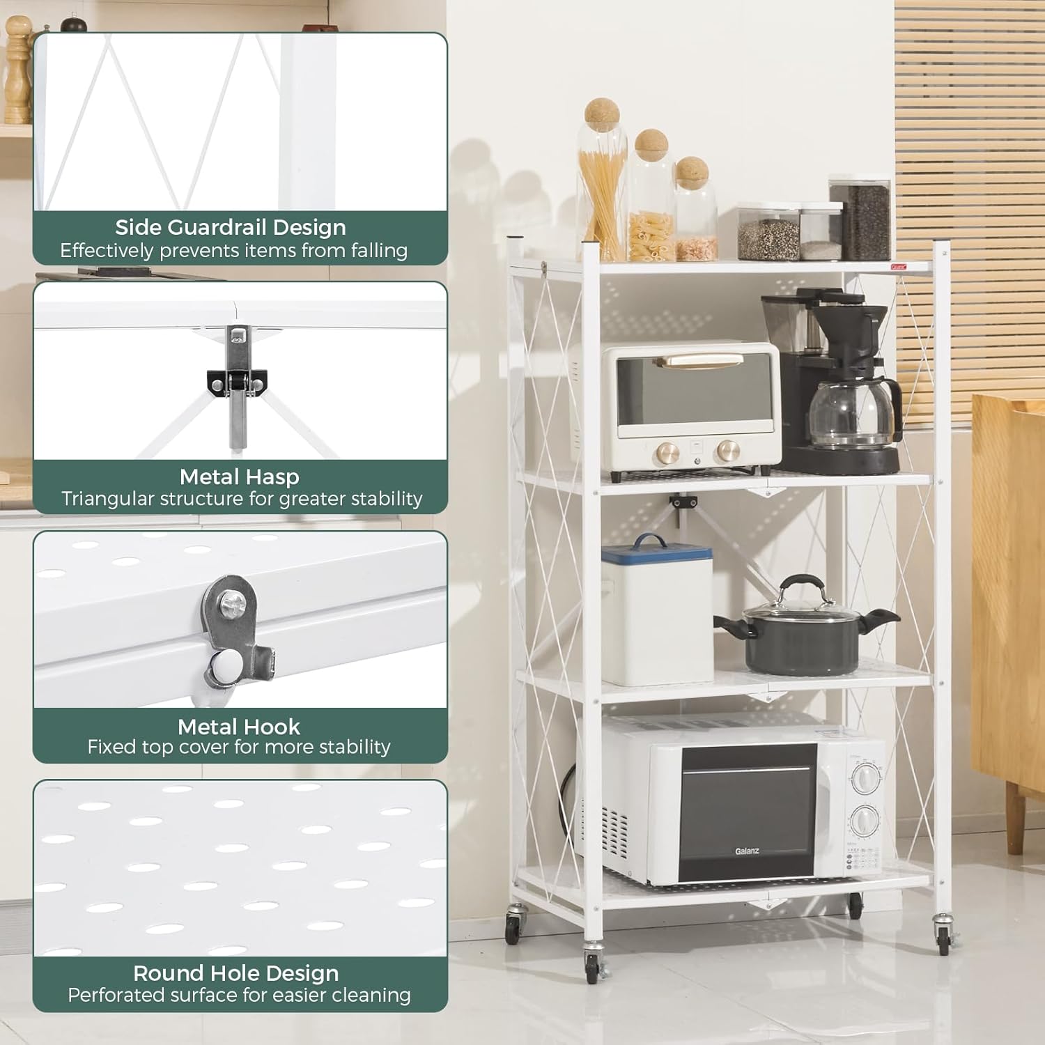 CARLA HOME 4-Tier Foldable Storage Shelf with Wheels for Kitchen, Garage, Pantry or Basement (White)