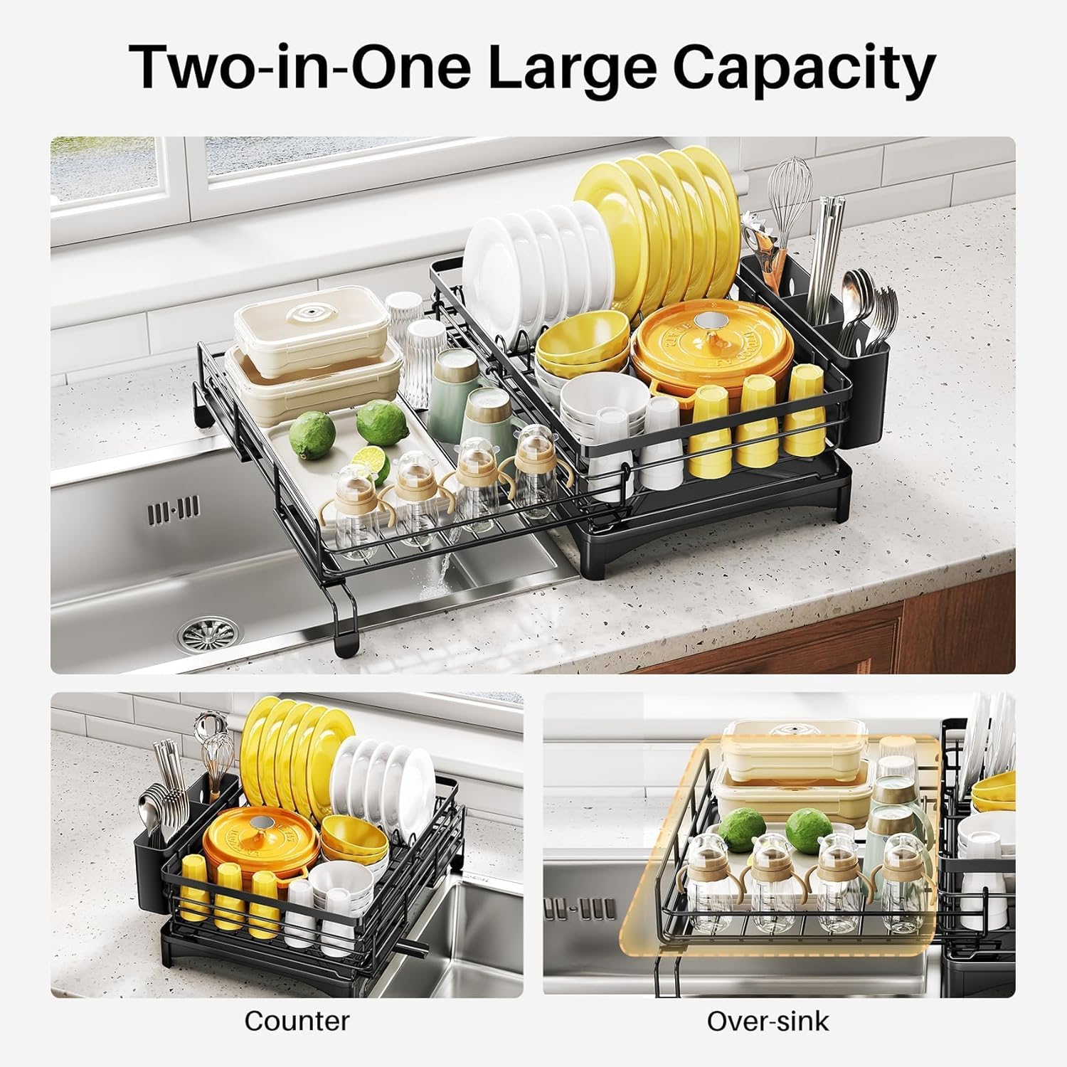 CARLA HOME Expandable Dish Drying Rack with Drainage Spout, Utensil Holder & Drainboardfor Kitchen Countertop Organizer (1 tier)