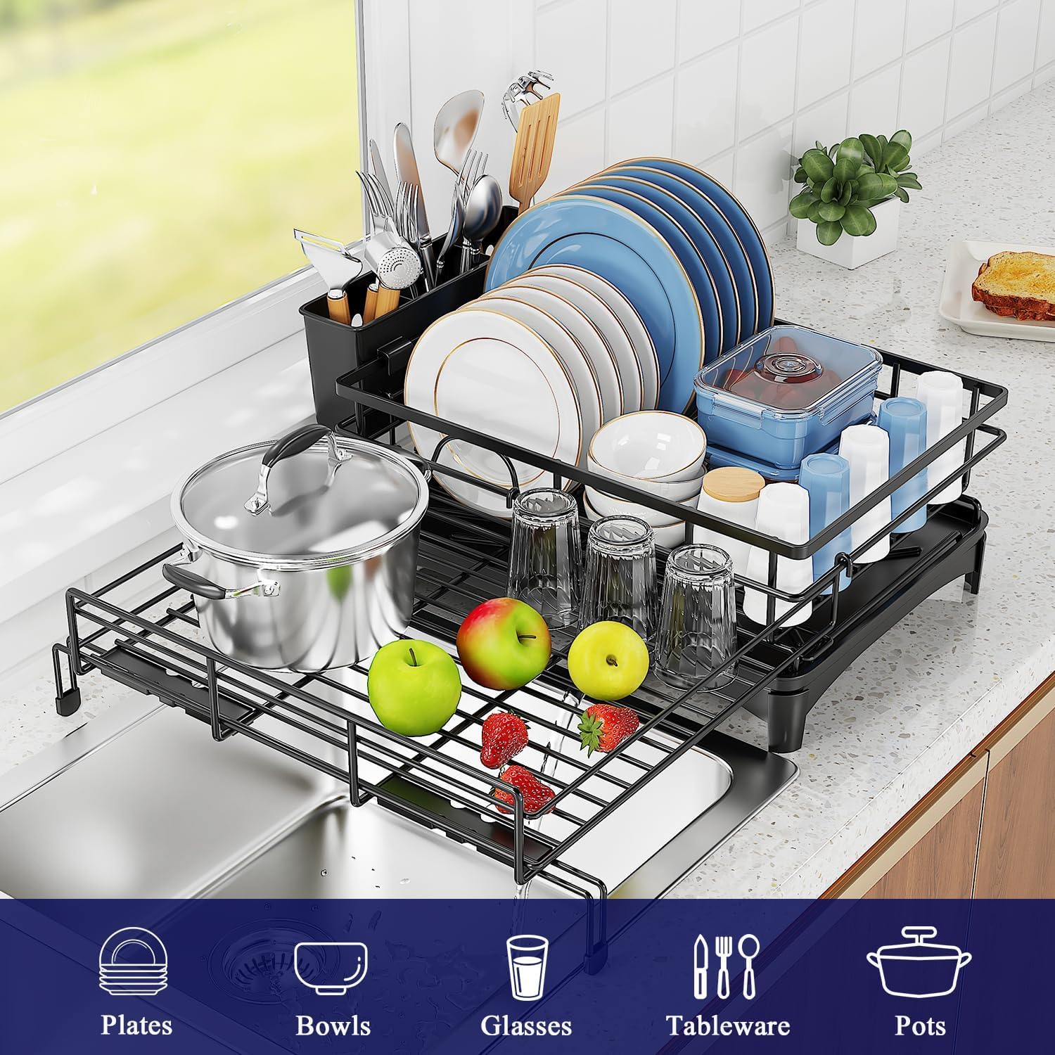 CARLA HOME Expandable Dish Drying Rack with Drainage Spout, Utensil Holder & Drainboardfor Kitchen Countertop Organizer (1 tier)
