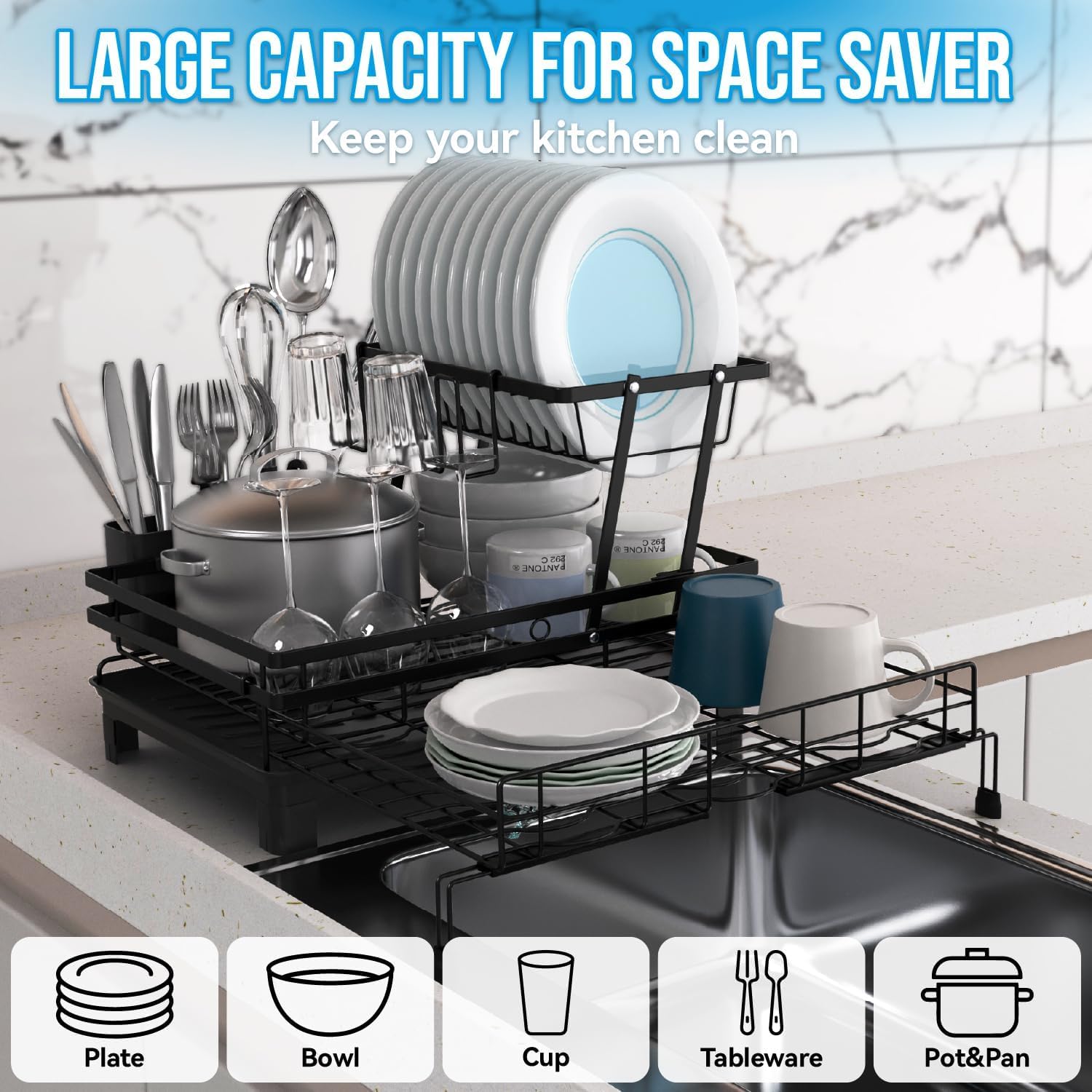 CARLA HOME Expandable Dish Drying Rack with Drainage Spout, Utensil Holder & Drainboardfor Kitchen Countertop Organizer (2 tier)