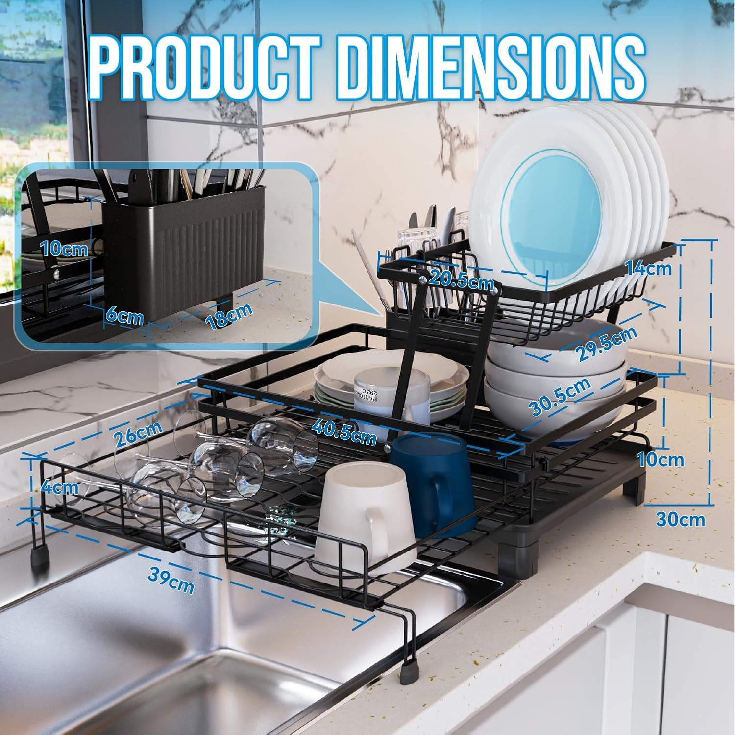 CARLA HOME Expandable Dish Drying Rack with Drainage Spout, Utensil Holder & Drainboardfor Kitchen Countertop Organizer (2 tier)
